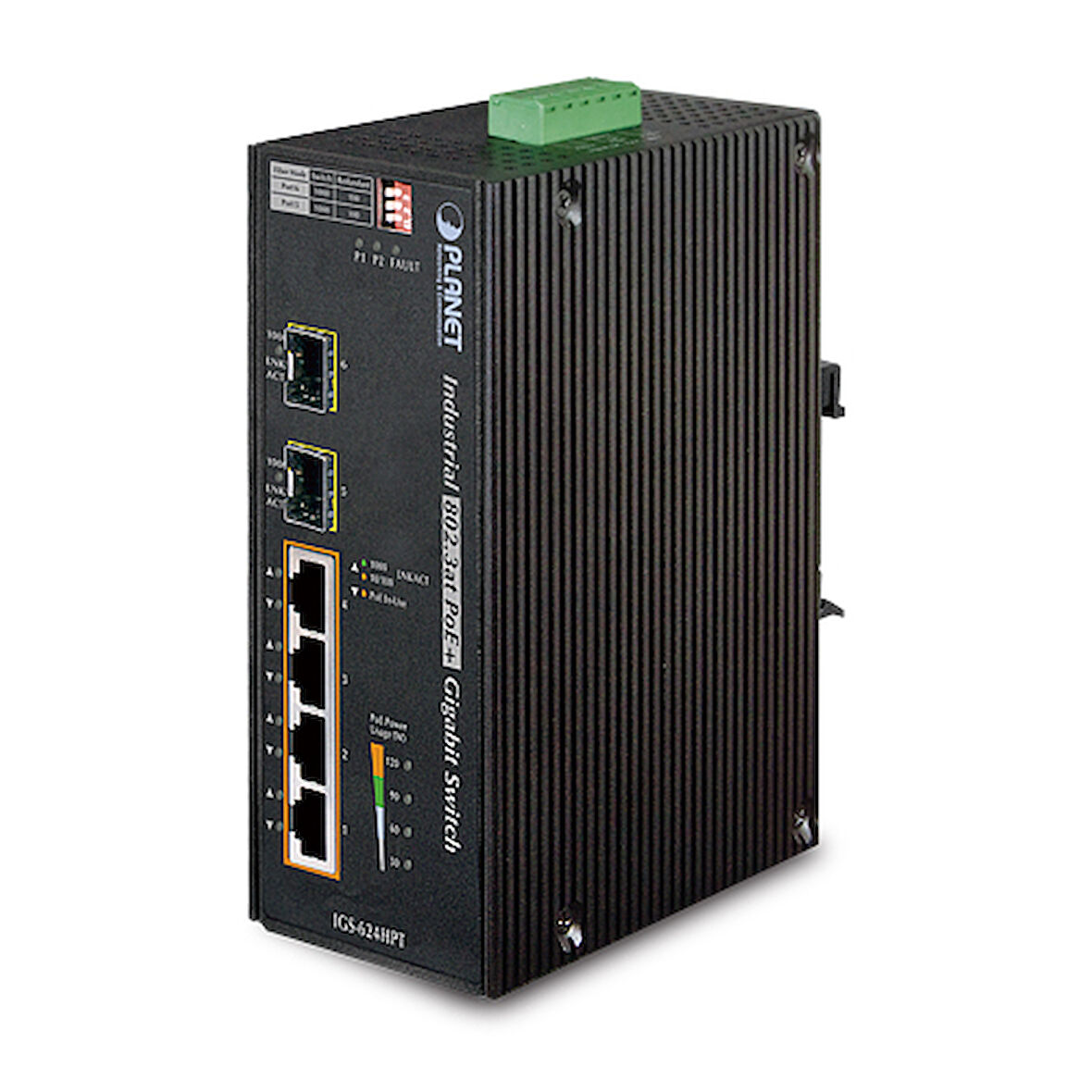 Endüstriyel Tip Yönetilemeyen PoE+ Switch (Industrial Unmanaged PoE+ Switch)&lt;br&gt;
4-Port 10/100/1000Base-TX IEEE 802.3at/af PoE+ Injector (Port başına 30.8 watt) (PoE Güç Bütçesi maks. 120 watt)&