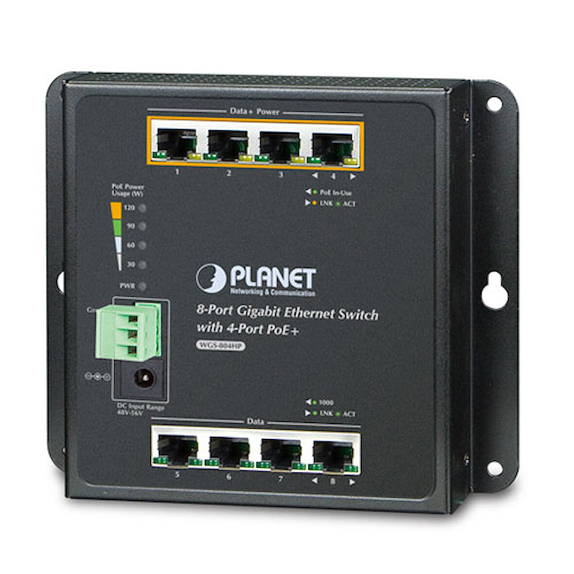 Duvar Tip Yönetilemeyen PoE+ Switch&lt;br&gt;
8-Port 10/100/1000Base-T (Port-1 ile Port-4 arası IEEE 802.3at/af PoE+ Injector) (Port başına 30.8 watt) (PoE Güç Bütçesi maks. 120 Watt)&lt;br&gt;
IP30,