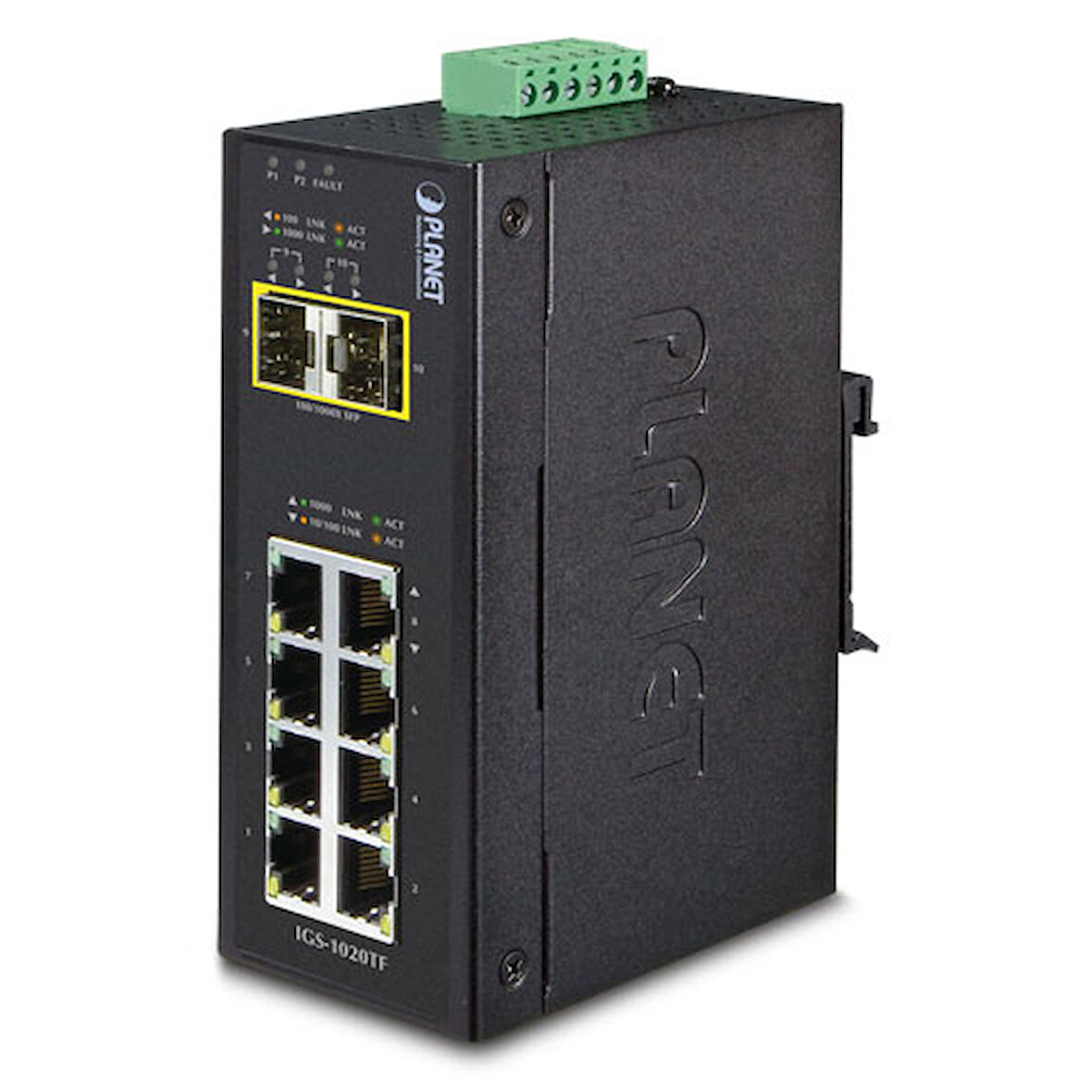 Endüstriyel Tip Yönetilemeyen Switch (Industrial Unmanaged Switch)&lt;br&gt;
8-Port 10/100/1000Mbps&lt;br&gt;
2 x 1000BASE-SX/LX/BX SFP/mini-GBIC yuva (Port-9 ve Port-10), 100Base-FX SFP uyumlu&lt;br&
