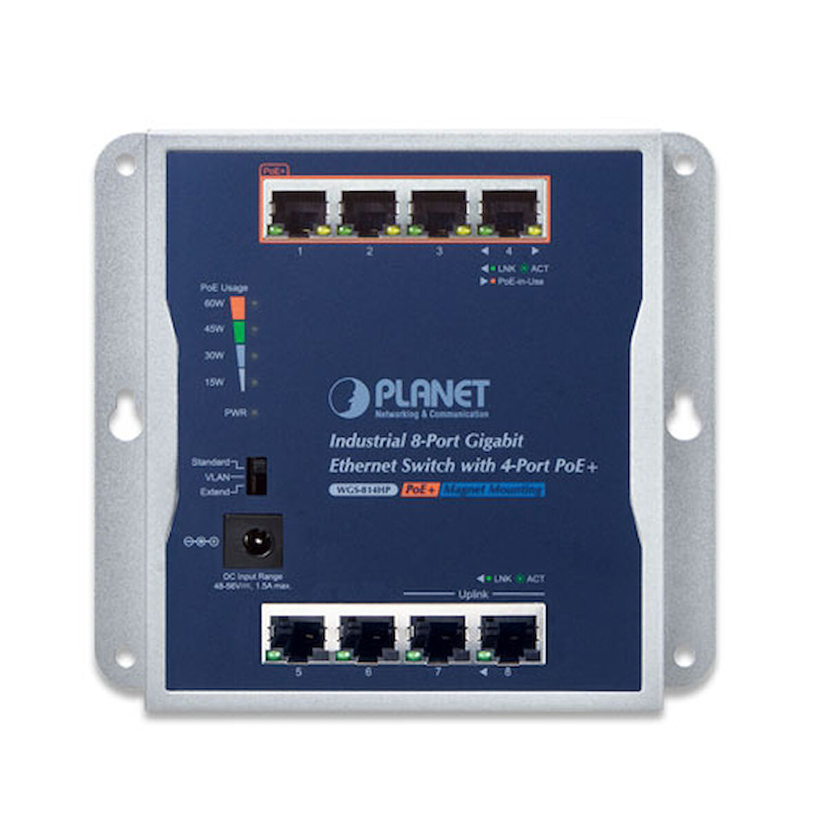 Endüstriyel Duvar Tip Yönetilemeyen PoE+ Switch (Industrial Unmanaged Wall-mounted PoE+ Switch)&lt;br&gt;
8-Port 10/100/1000BASE-T &lt;br&gt;
4-port IEEE 802.3at PoE+ Injector (Port-1 ila Port-4 arası
