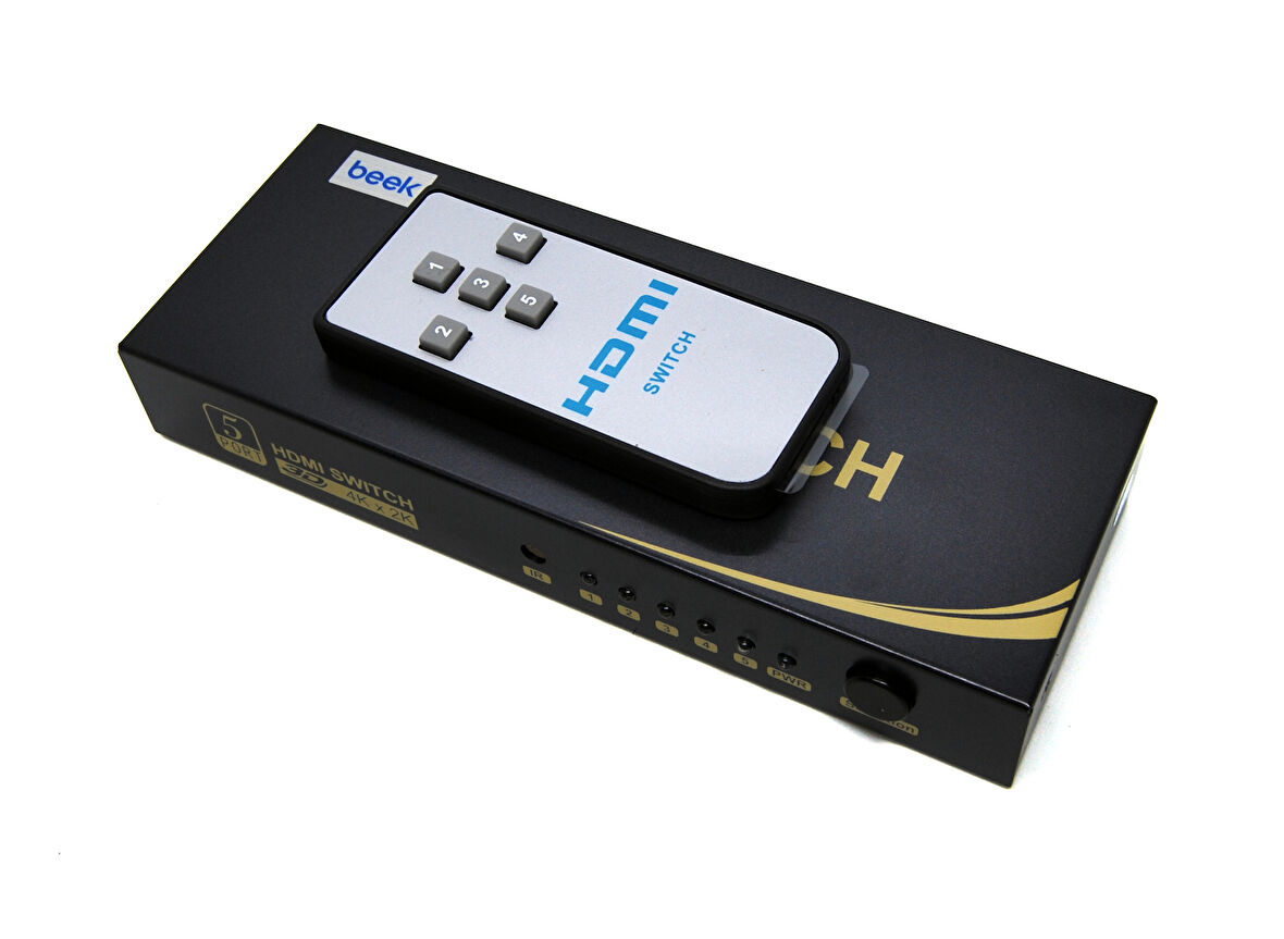 Beek 5 Port Ultra HD 4K HDMI Switch, 5 giriş - 1 çıkış, uzaktan kumandalı, 4K2K, 3D görüntü formatlarını destekler, HDMI 2.0, HDCP 2.3 uyumluBeek UHD 4K HDMI Switch 5 Ports, IR remote contr