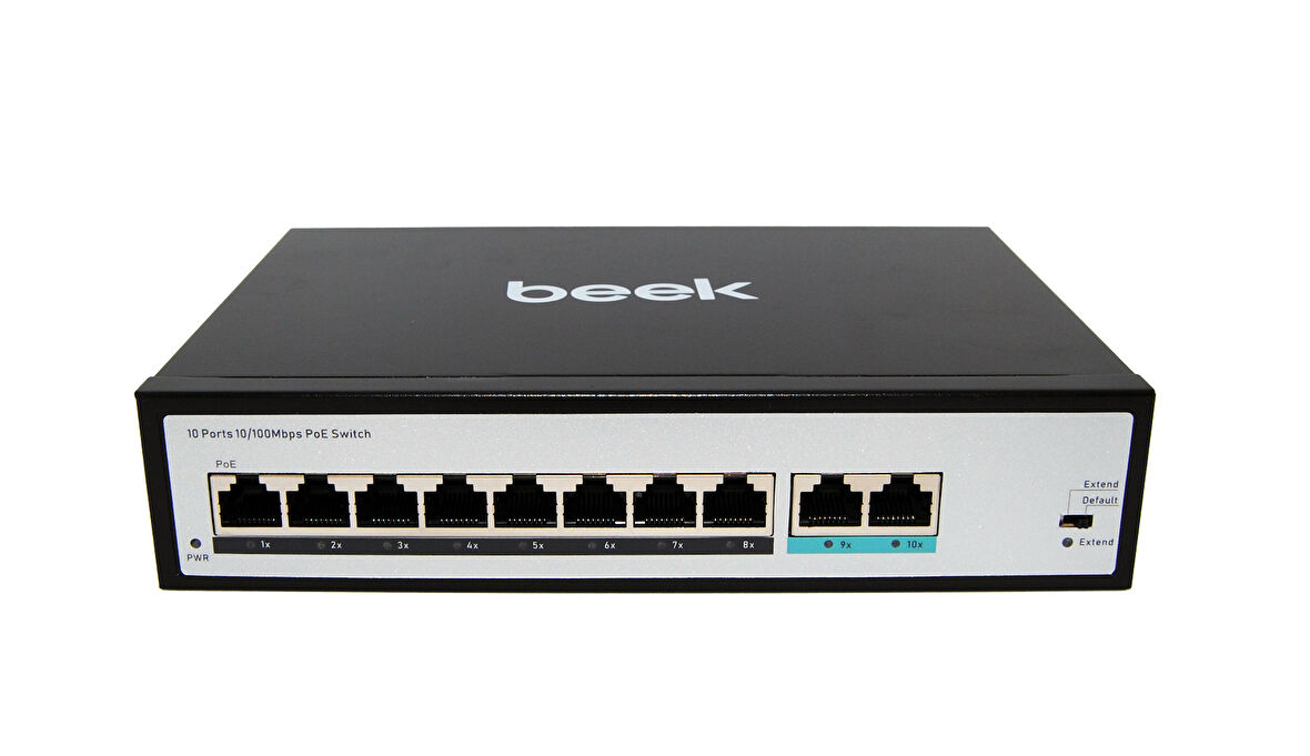 Beek Yönetilemeyen PoE+ Switch&lt;br&gt;
8 x 10/100Mbps IEEE802.3af/at PoE+ port (Port başına 30.8 watt) (PoE Güç Bütçesi maks. 120 Watt)&lt;br&gt;
2 x 10/100BASE-T port&lt;br&gt;
4KV ESD&lt;br&gt;
Be