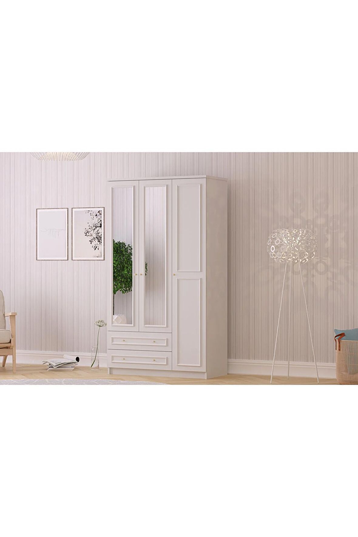 Lina Country 3 Kapak 2 Çekmeceli Aynalı Mega Gardırop