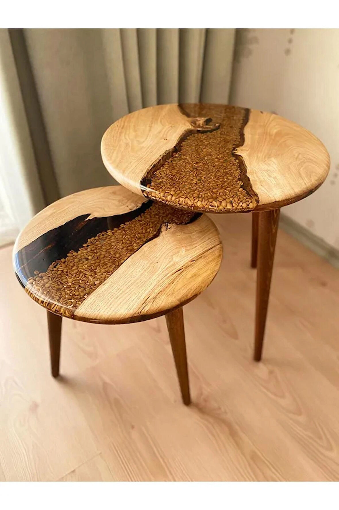 Fawdecor Yuvarlak Epoksi Kahve Desenli 2'li Masif Sehpa Seti Modern Yuvarlak Reçine Ahşap 2'li Yan Sehpa Seti