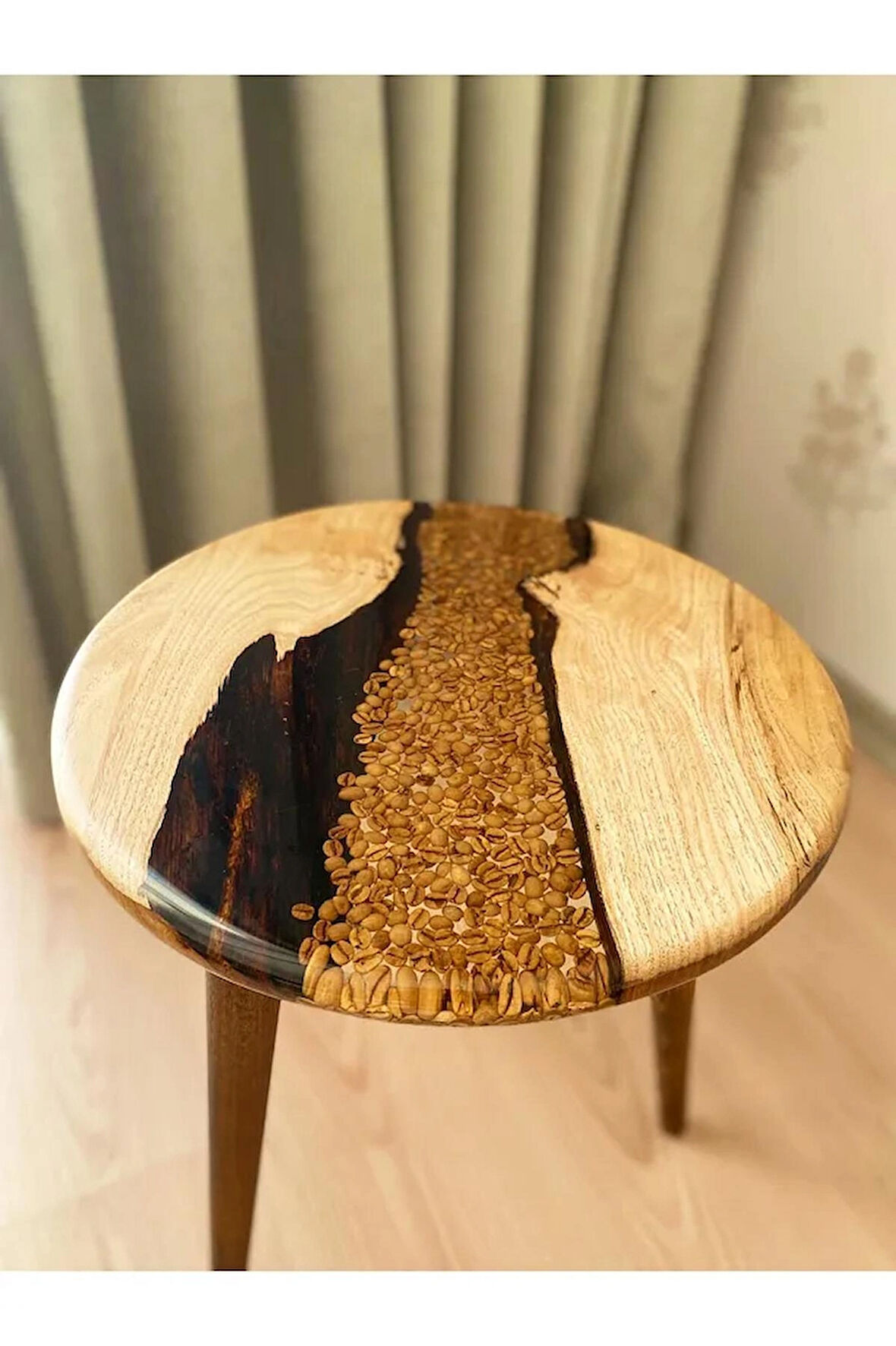 Fawdecor Yuvarlak Epoksi Kahve Desenli Masif Sehpa - Modern Yuvarlak Reçine ve Ahşap Yan Sehpa