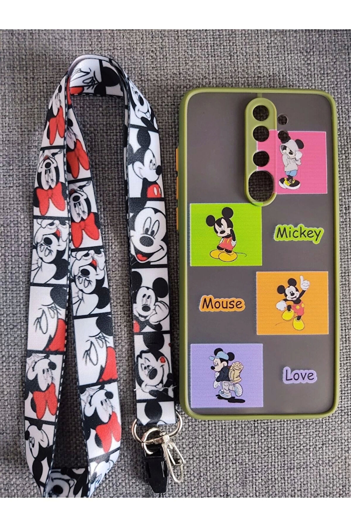 Xiaomi Redmi Note 8 Pro Mickey Mouse Tasarım Tuşları Renkli Telefon Boyun Askılı Set Kılıf