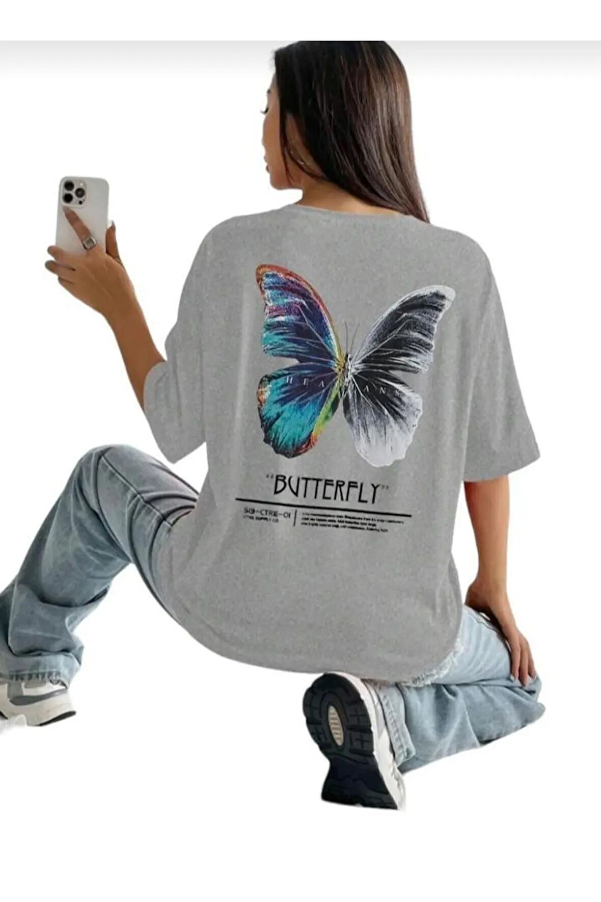 kadın butterfly baskılı bisiklet yaka tişört