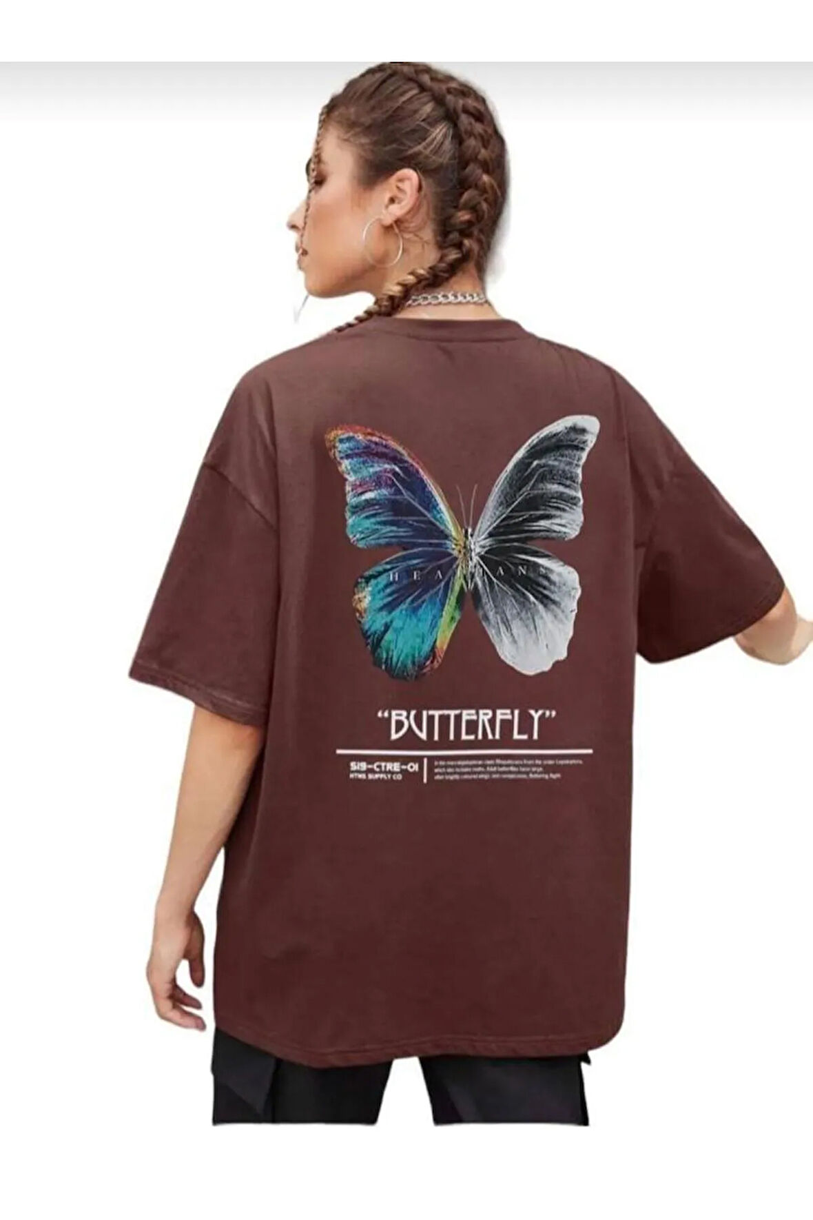 kadın butterfly baskılı bisiklet yaka tişört