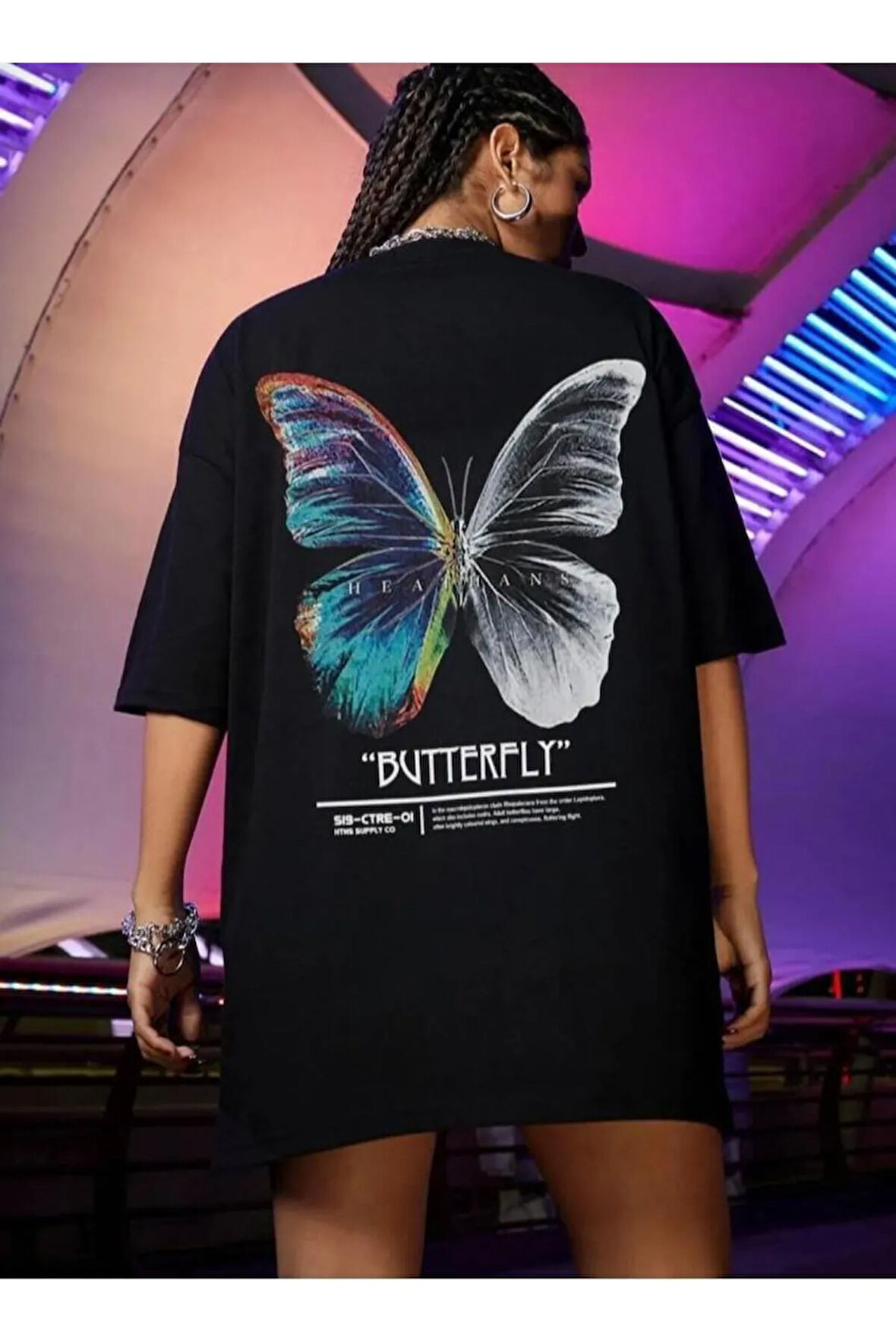 kadın butterfly baskılı bisiklet yaka tişört