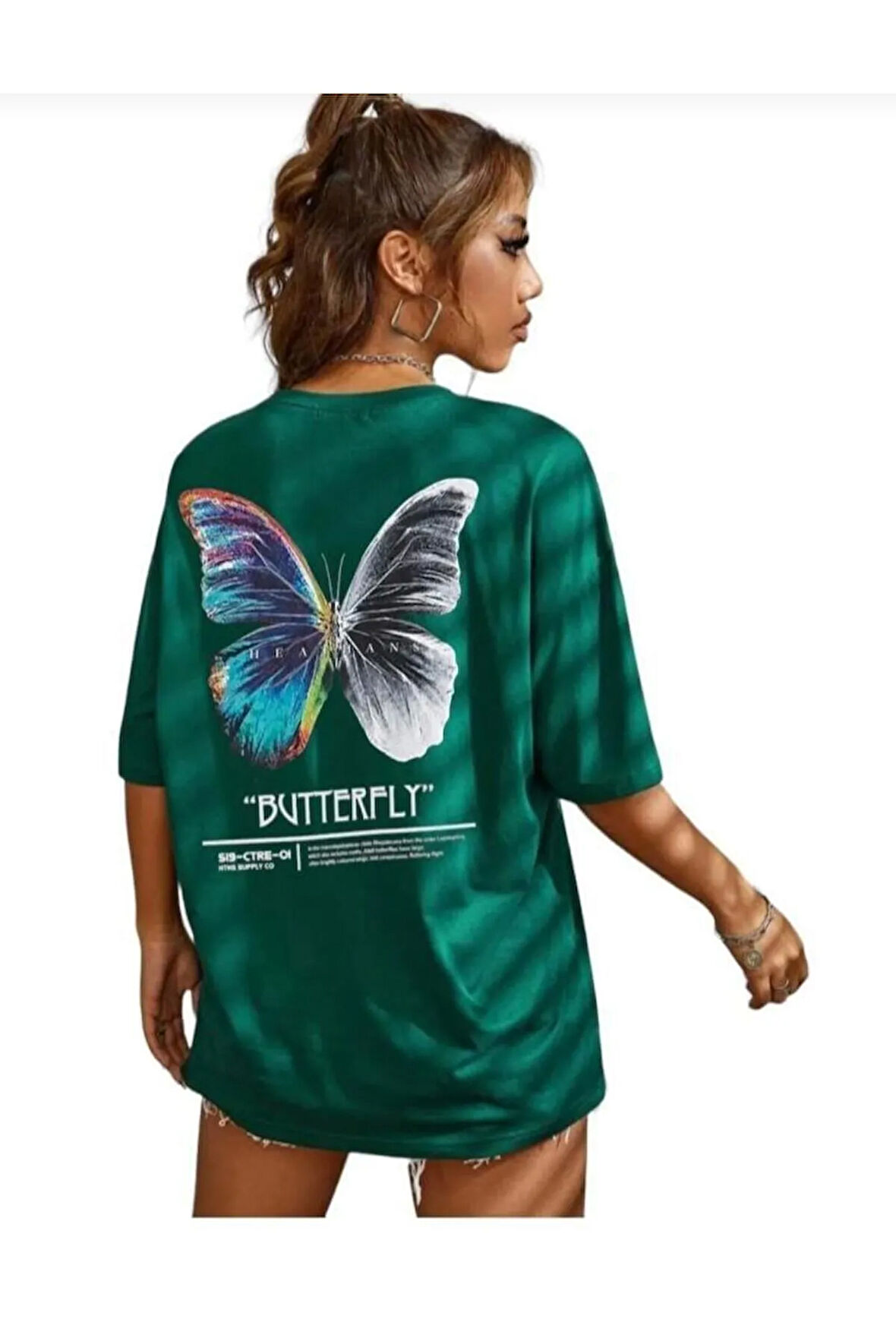 kadın butterfly baskılı bisiklet yaka tişört