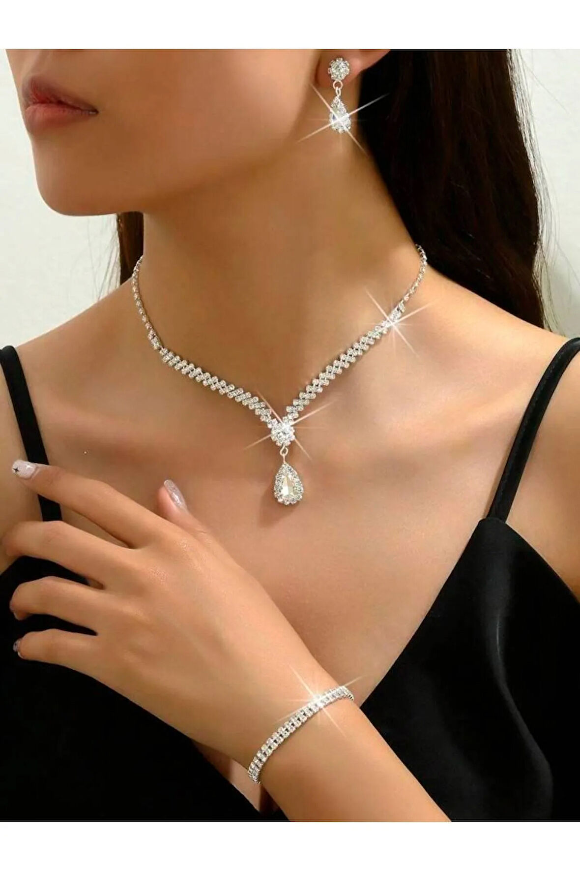 Gümüş Kaplama Demet Kolye Küpe Bileklik Seti 3lü Davet Düğün Nişan Abiye