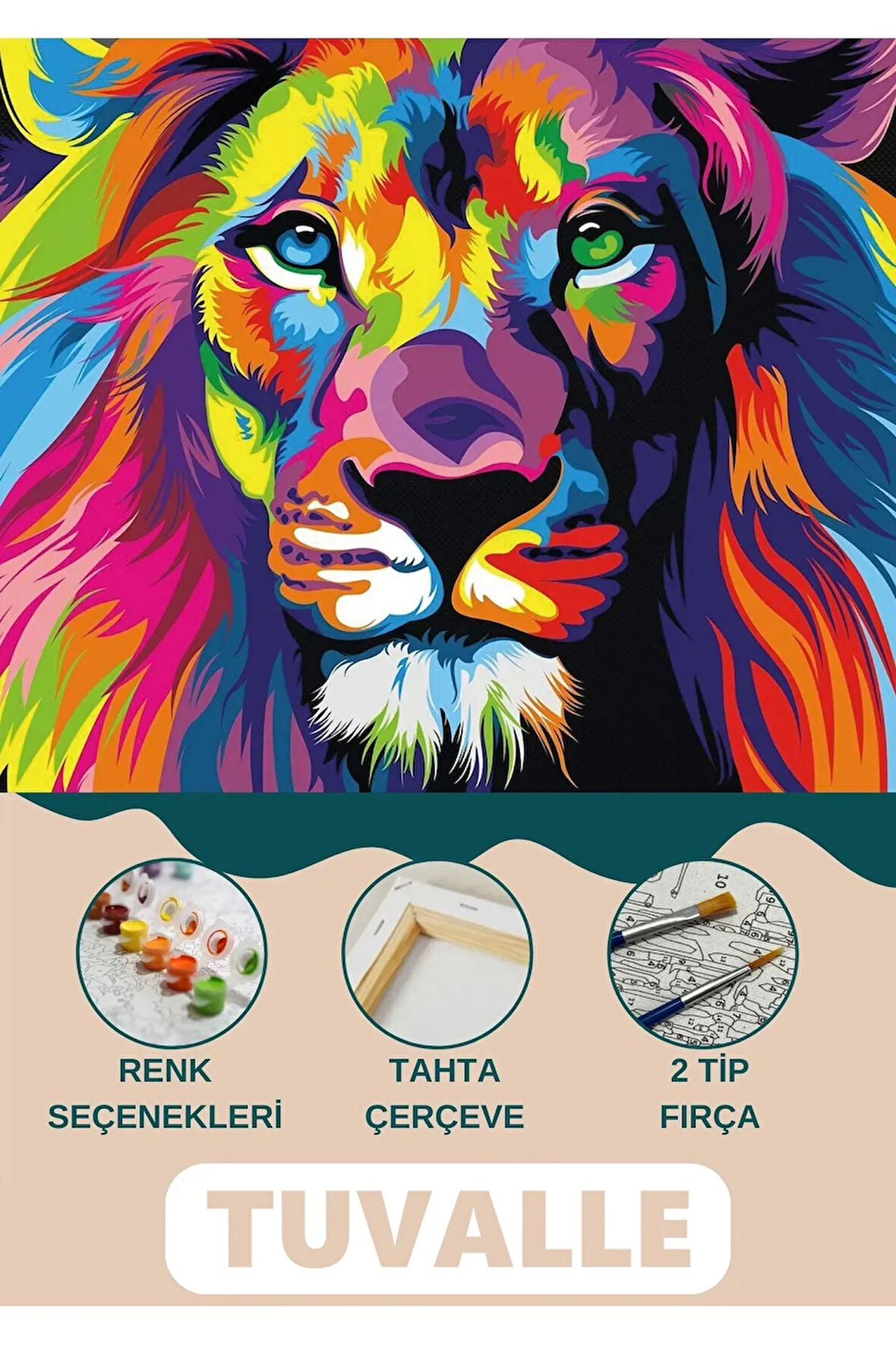 Renkli Aslan Sayılarla Boyama Seti, Hobi Seti, 40X50 Tablo, Fırça Boya Asma Aparatı Dahil, Şampiyon