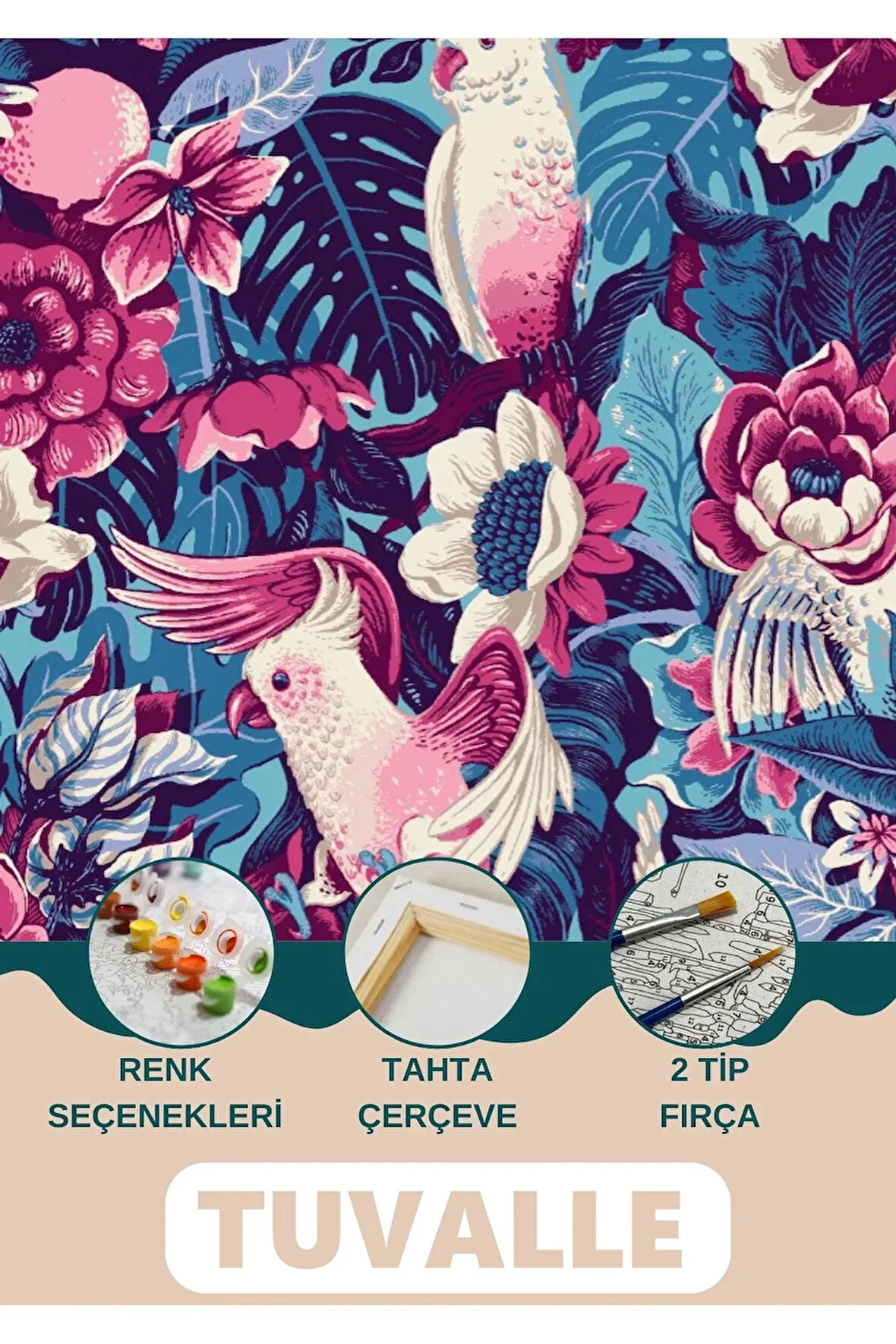 Renkli Kuşlar Sayılarla Boyama Seti, Hobi Seti, 40X50 Tablo, Fırça Boya Asma Aparatı Dahil, Doğa