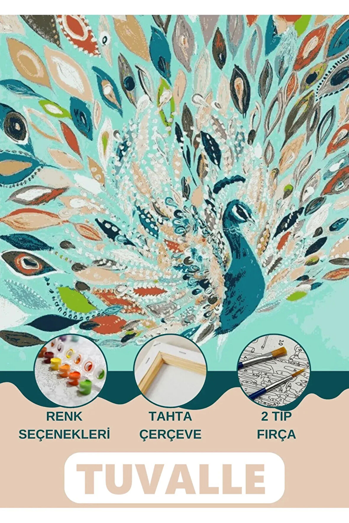 Renkli Tavus Kuşu Sayılarla Boyama Seti, Hobi Seti, 40X50 Tablo, Fırça Boya Asma Aparatı Dahil, Doğa