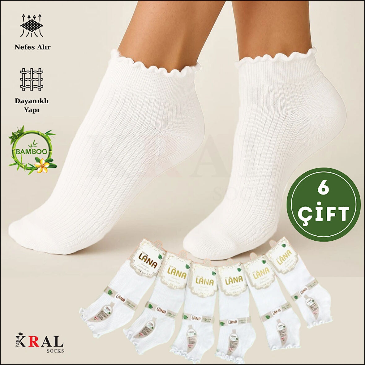 Kadın Bambu Çorap (6 ÇİFT) Fırfırlı Patik Kadın Çorap