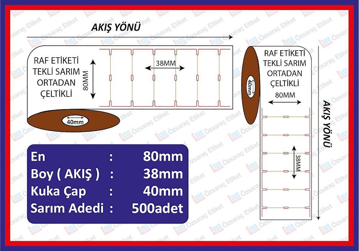 Raf Etiketi 80x38 500 Sarım Yatay  Ortadan Çeltikli