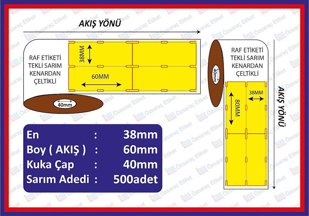 Raf Etiketi 60x38 500 Sarım Dikey Sarı Renkli Kenardan Çeltikli