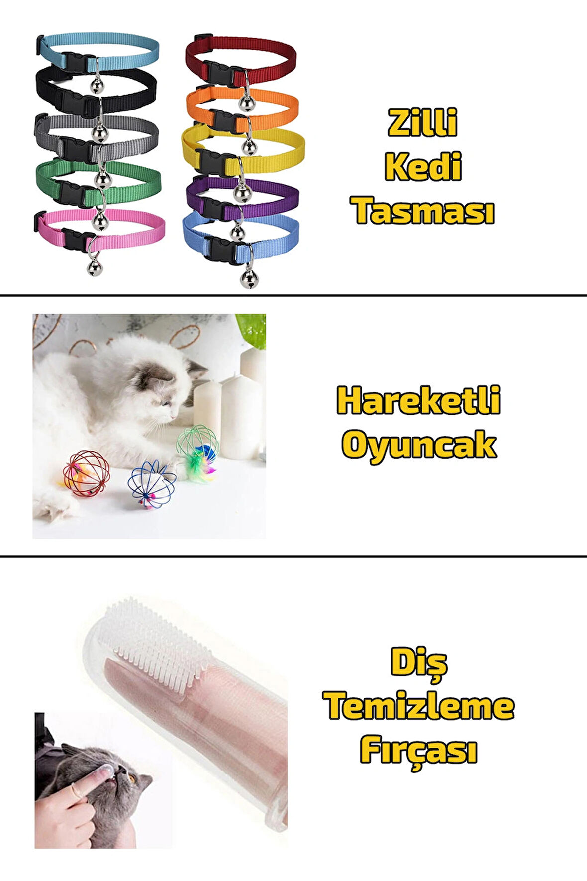 1 Adet Zilli Kedi Tasması Hareketli Kedi Oyuncağı Kedi Diş Temizleme Fırçası 3'lü Set
