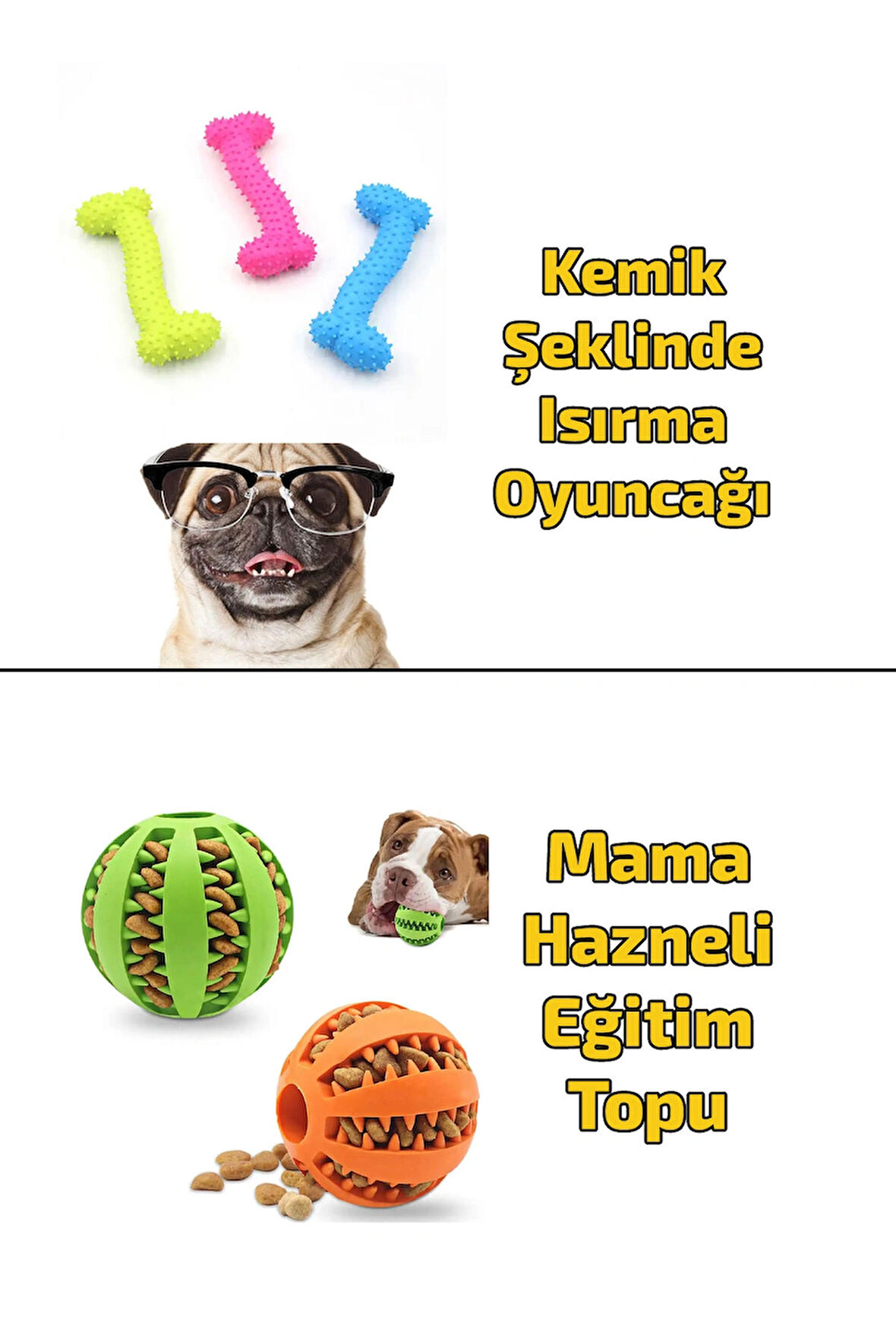 Mama Hazneli Köpek Eğitim Oyun Topu Kemik Şeklinde Köpek Isırma Oyuncağı 2'li Set
