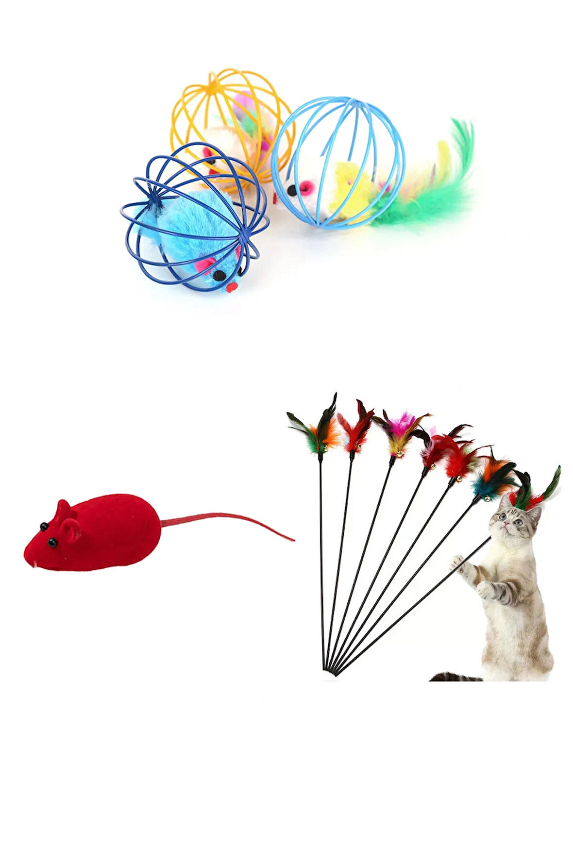 1 Adet Kedi Oyun Çubuğu Hareketli Kedi Oyuncağı Peluş Sesli Fare Oyuncak 3'lü Kedi Oyun Seti