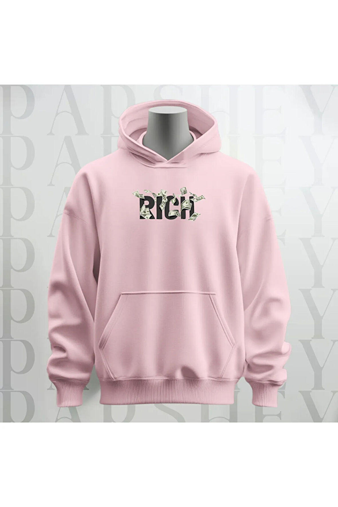 Rich Baskılı Kapüşonlu Sweatshirt Hoodie Kalın Kumaş 3 İplik Şardonlu