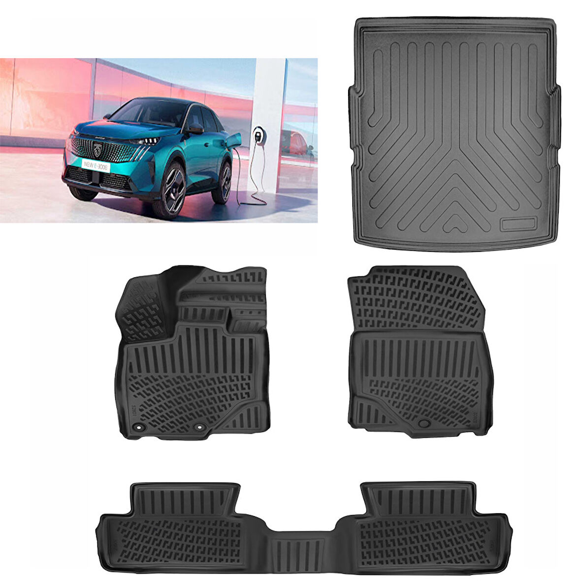Rizline Peugeot 3008 Elektrkli  2024 ve Sonrası 3D Paspas Siyah ve Alt  Bagaj Havuzu Set