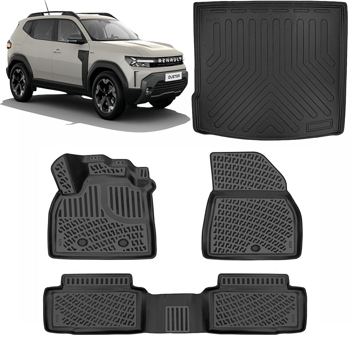 Rizline Renault Duster Eco G & E-Tech Full Hybrit 4x2 2024 Sonrası  3D Havuzlu Paspas Siyah ve  Üst Kademe 3D Bagaj Havuzu Set