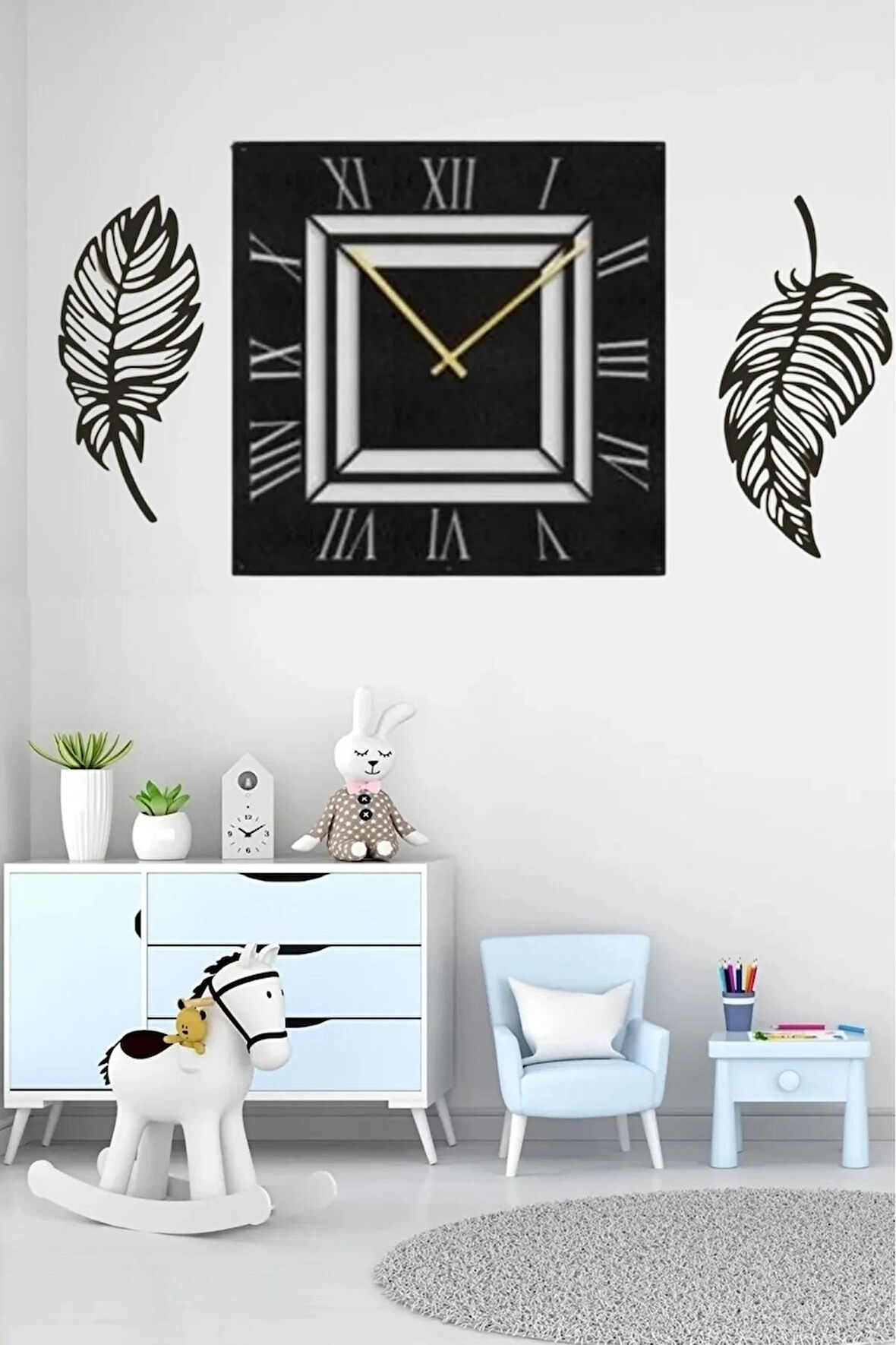 Dikdörtgen ve roma rakamlı dekoratif saat+2li Yaprak