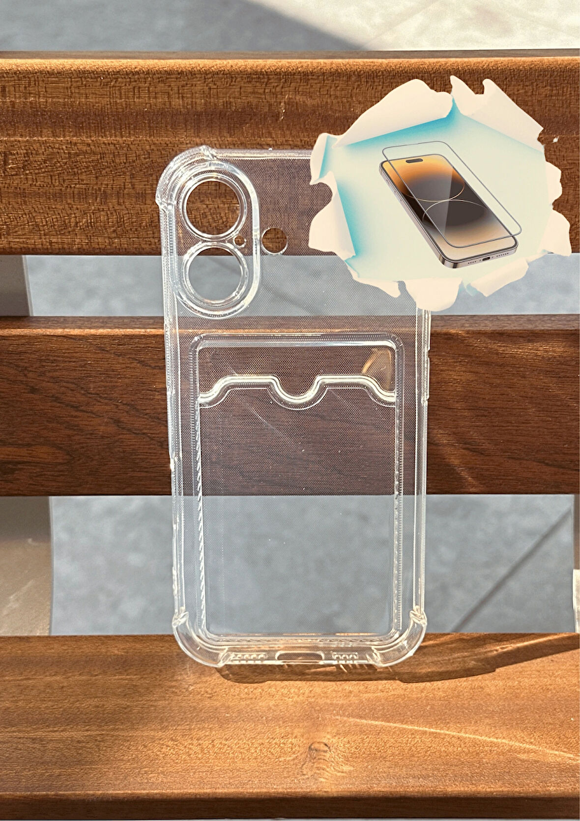 iPhone 16 Uyumlu Kamera Korumalı Kartlıklı Darbe Emici Şeffaf Kılıf - Kırılmaz Cam Hediyeli
