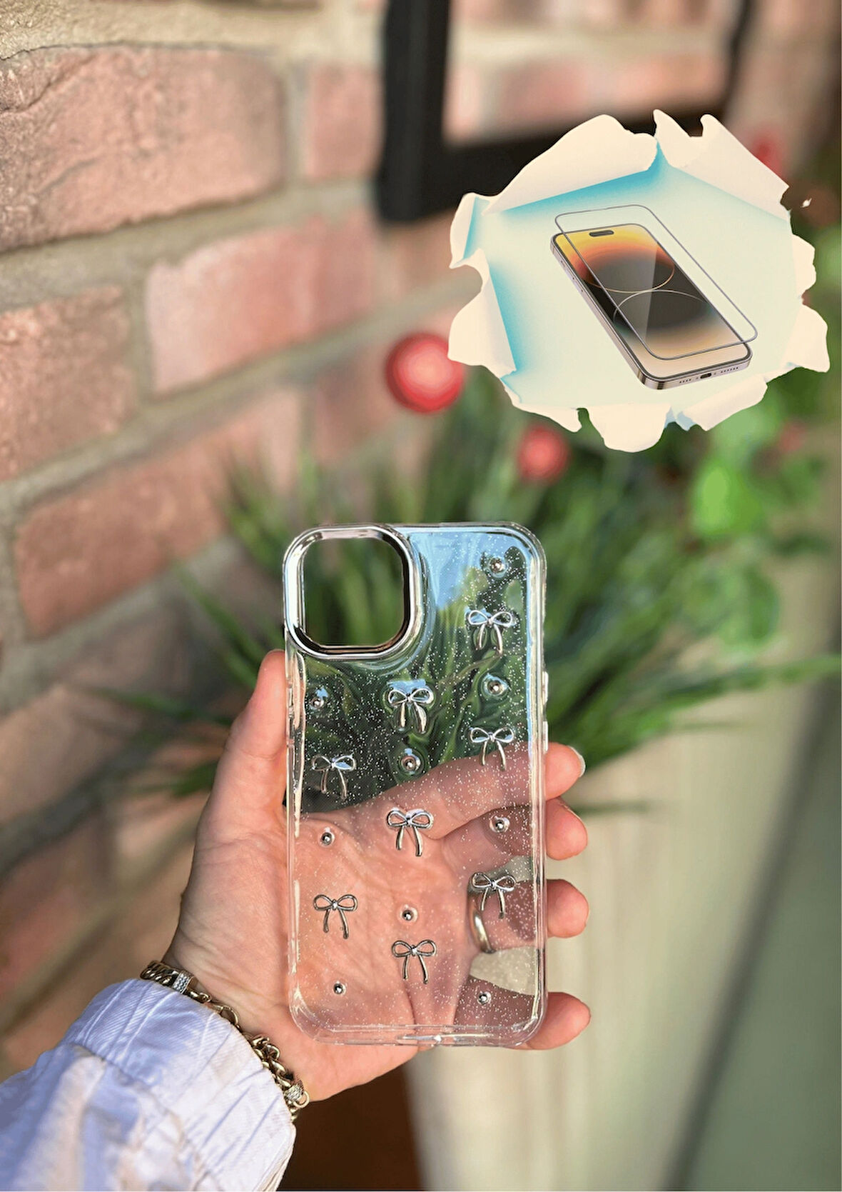 iPhone 13 Uyumlu Fiyonk ve İncili Kaliteli Şeffaf Kılıf - Kırılmaz Cam Hediyeli