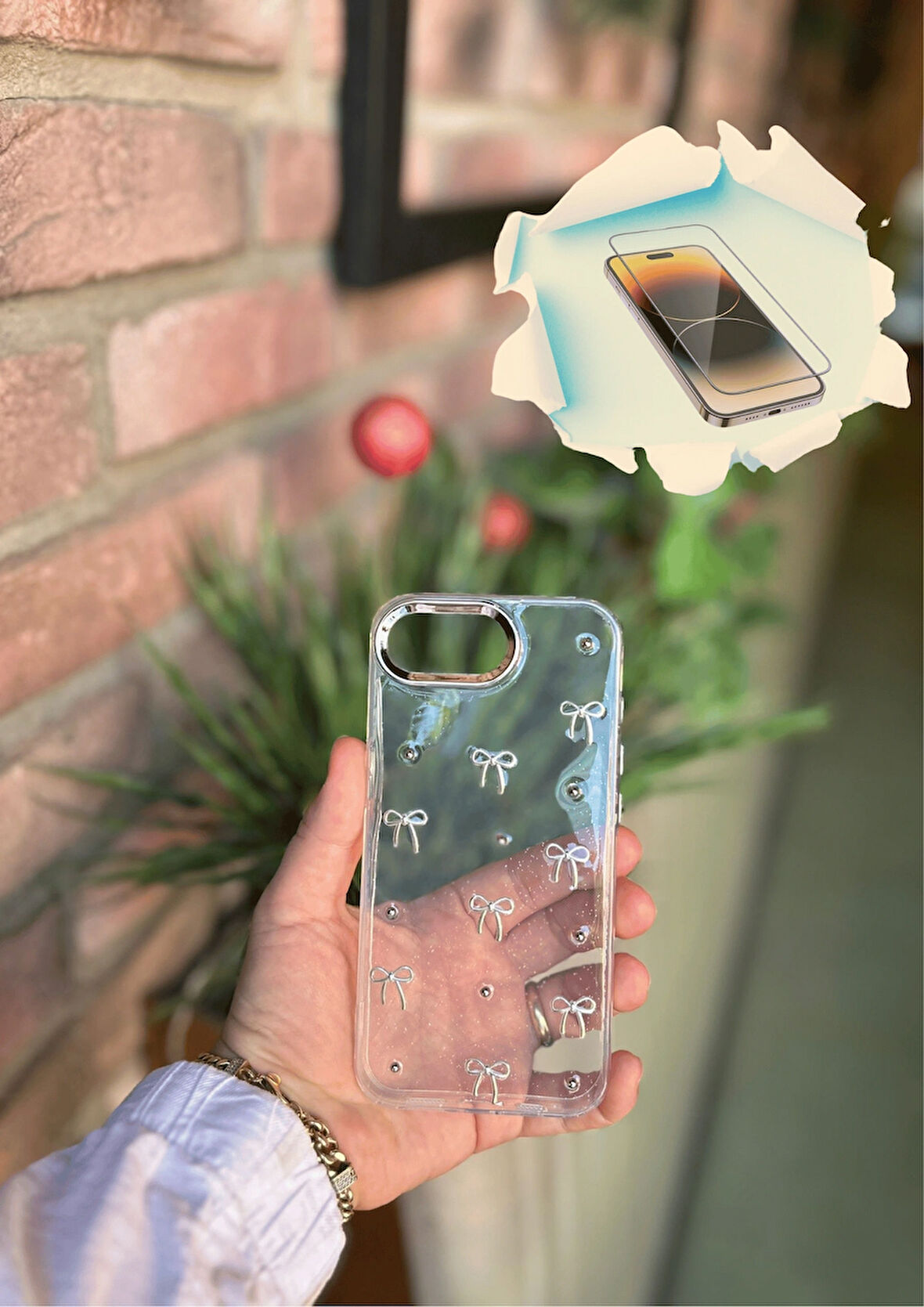 iPhone 16E Uyumlu Fiyonk ve İncili Kaliteli Şeffaf Kılıf - Kırılmaz Cam Hediyeli