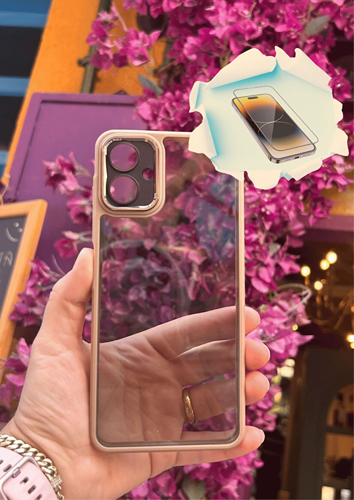 Samsung Galaxy A06 5G Uyumlu Kaliteli Sararmaz Bej-Şeffaf Kılıf - Kırılmaz Cam Hediyeli