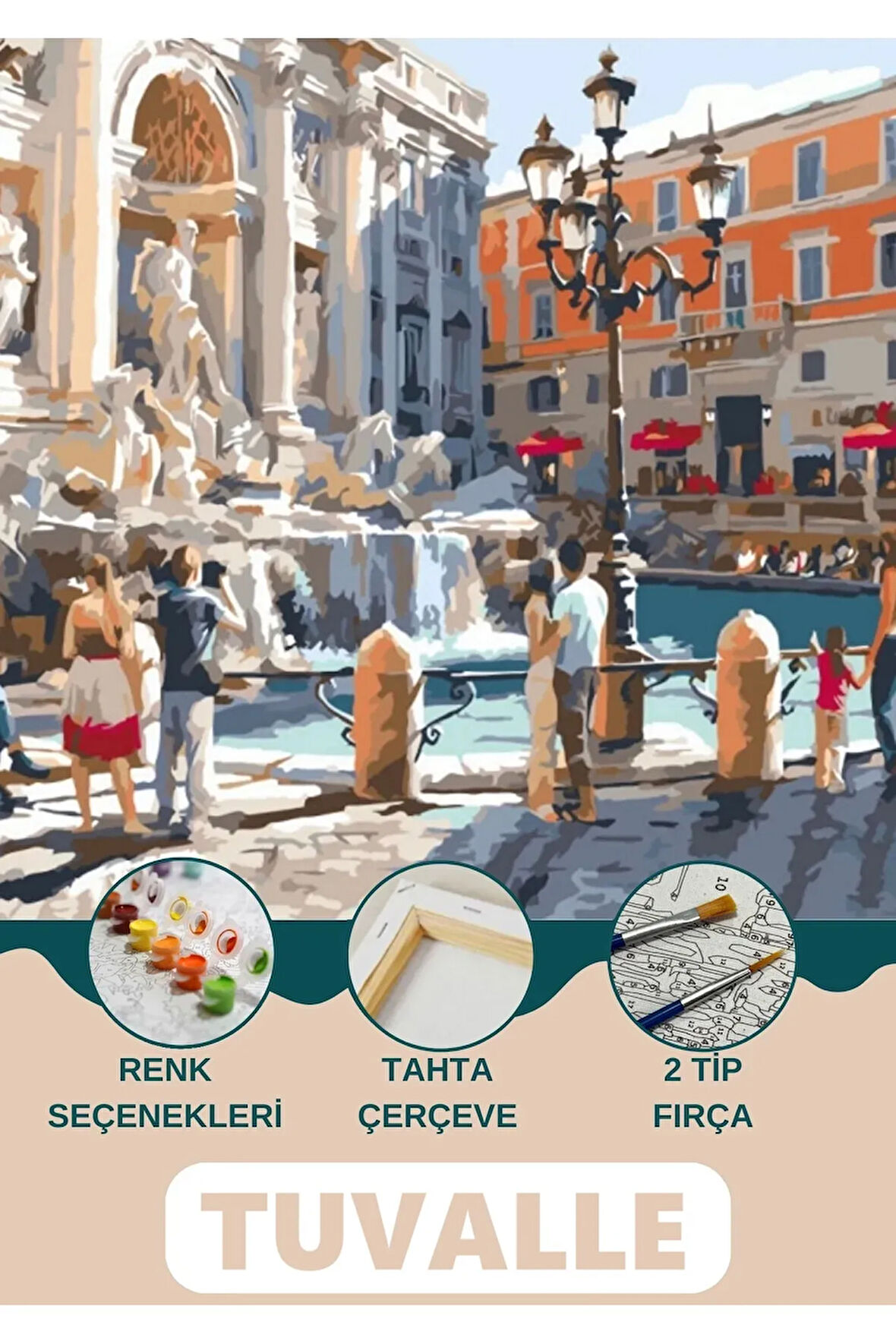 Roma Trevi Çeşmesi Sayılarla Boyama Seti, Hobi Seti, 40X50 Tablo, Fırça Boya Asma Aparatı Dahil,