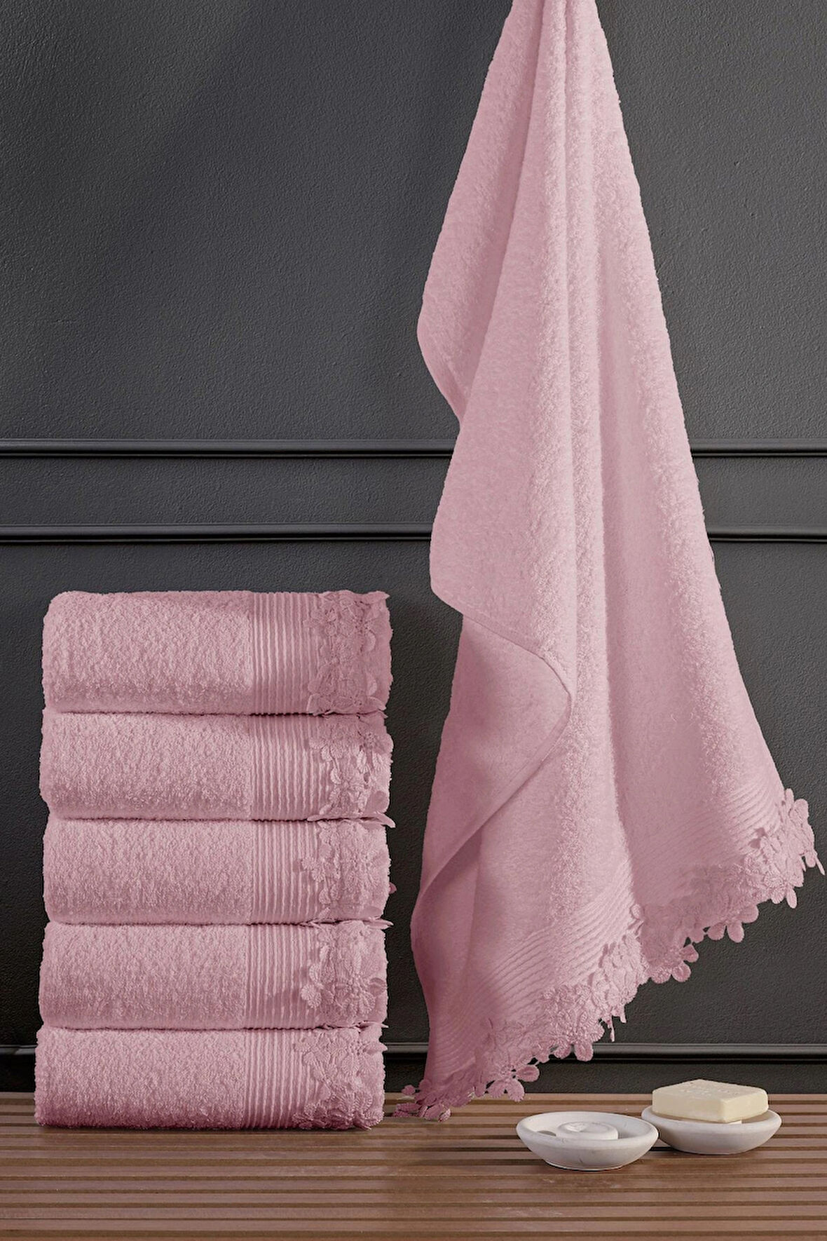 Rosa 6 Adet 50*90 Güpürlü Havlu Seti | El Yüz Havlusu | Çeyiz Havlusu | Havlu Set | Pembe