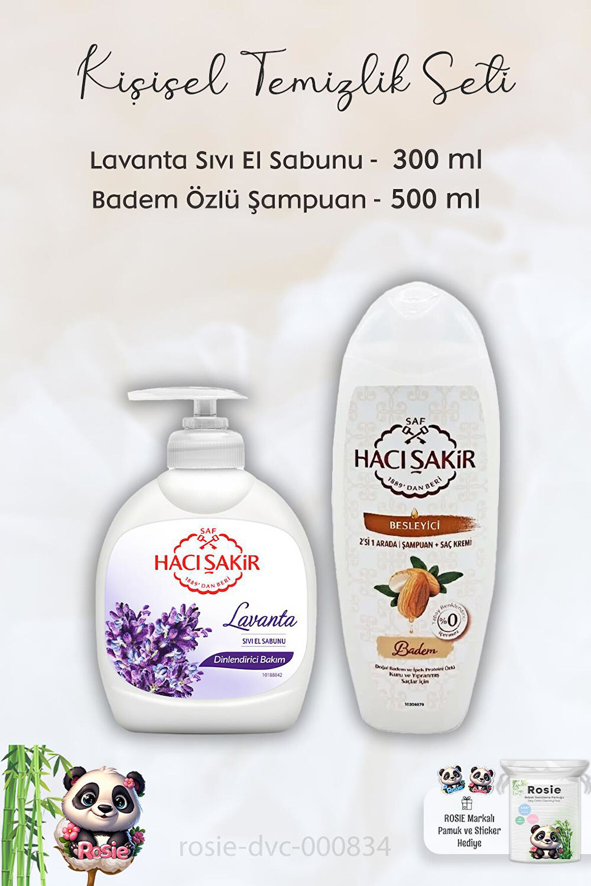 Hacı Şakir Lavanta Dinlendirici Sıvı Sabun 300 ml, Bademli Şampuan 500 ml ve ROSIE