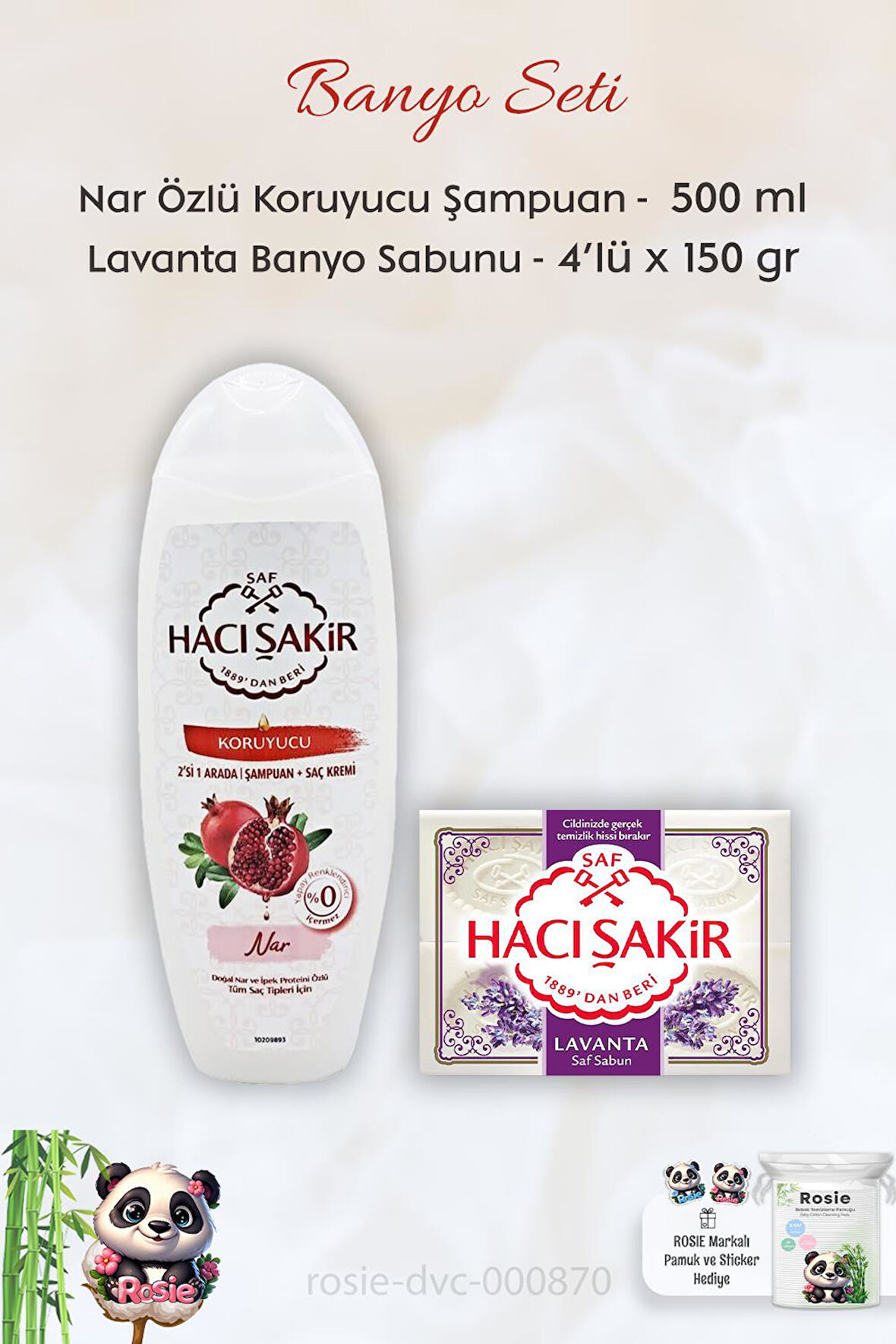 Hacı Şakir Nar 2si 1 Arada Şampuan 500 ml, Lavanta Kokulu Banyo Sabunu 4 x 150 gr ve ROSIE