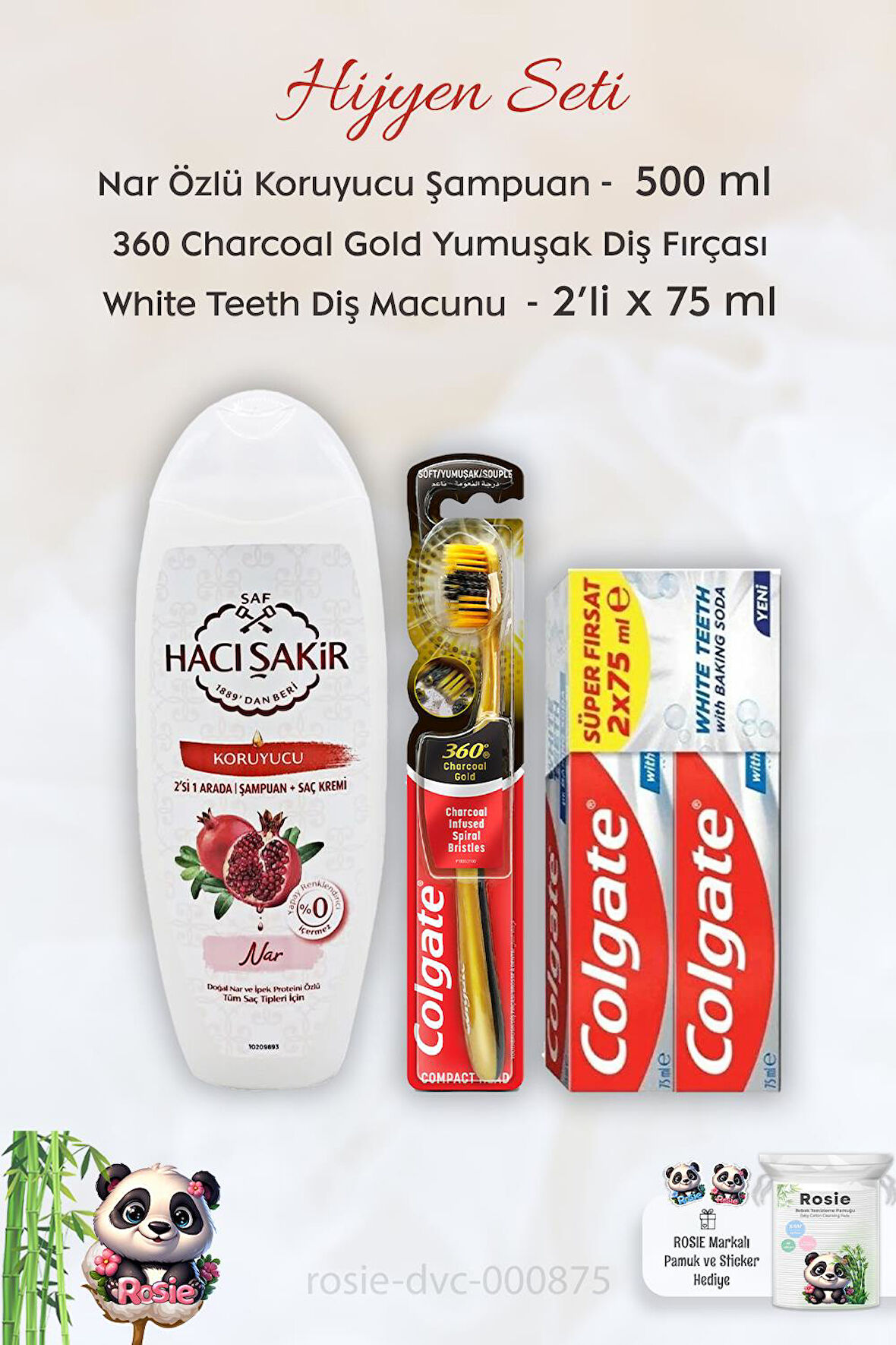 Colgate Baking Soda 2 x 75 ml,  360 Charcoal Gold Diş Fırçası, H. Şakir Narlı Şampuan 500 ml ve ROSIE