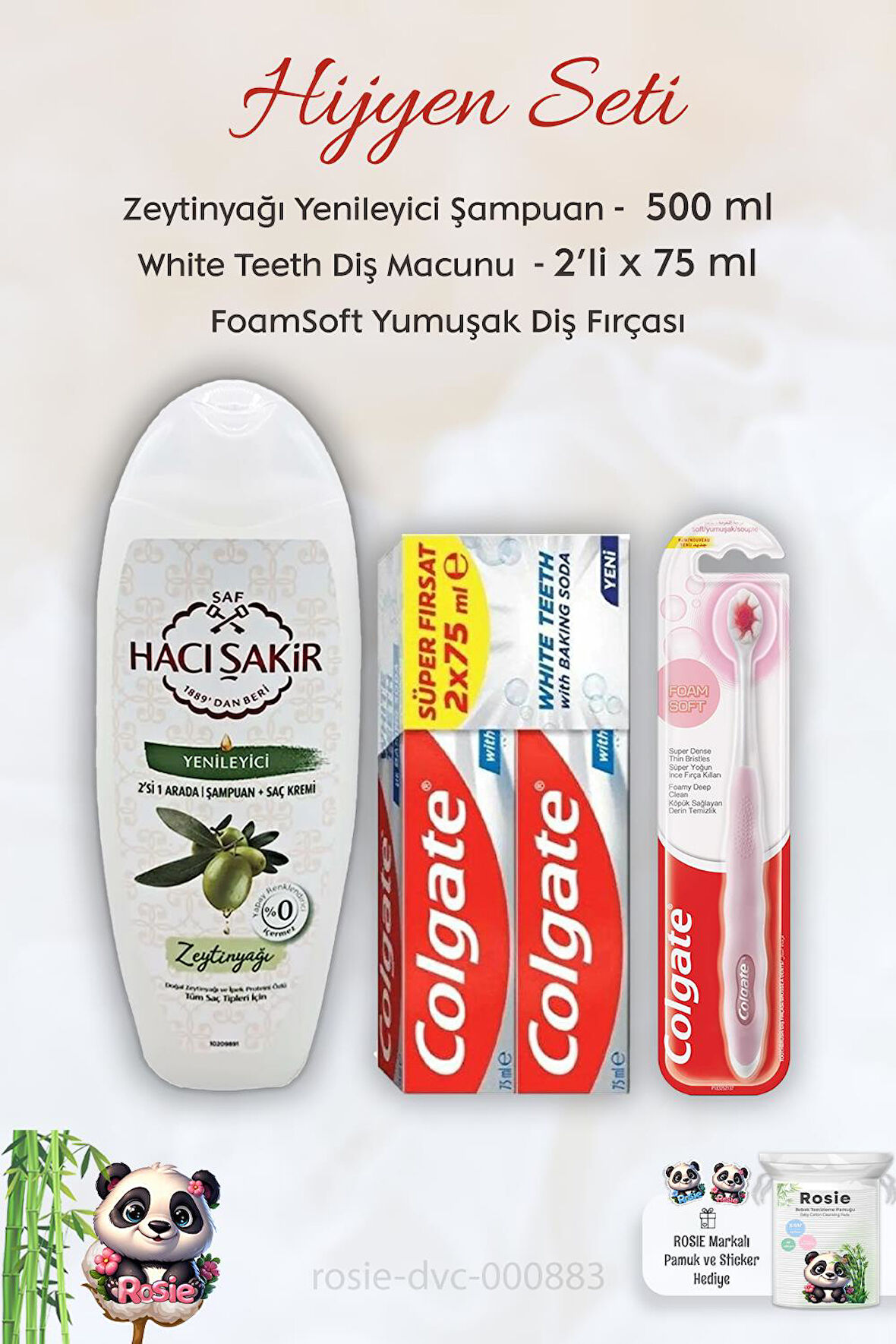 Colgate Baking Soda 2 x 75 ml, FoamSoft Diş Fırçası, H. Şakir Zeytinyağlı Şampuan 500 ml ve ROSIE