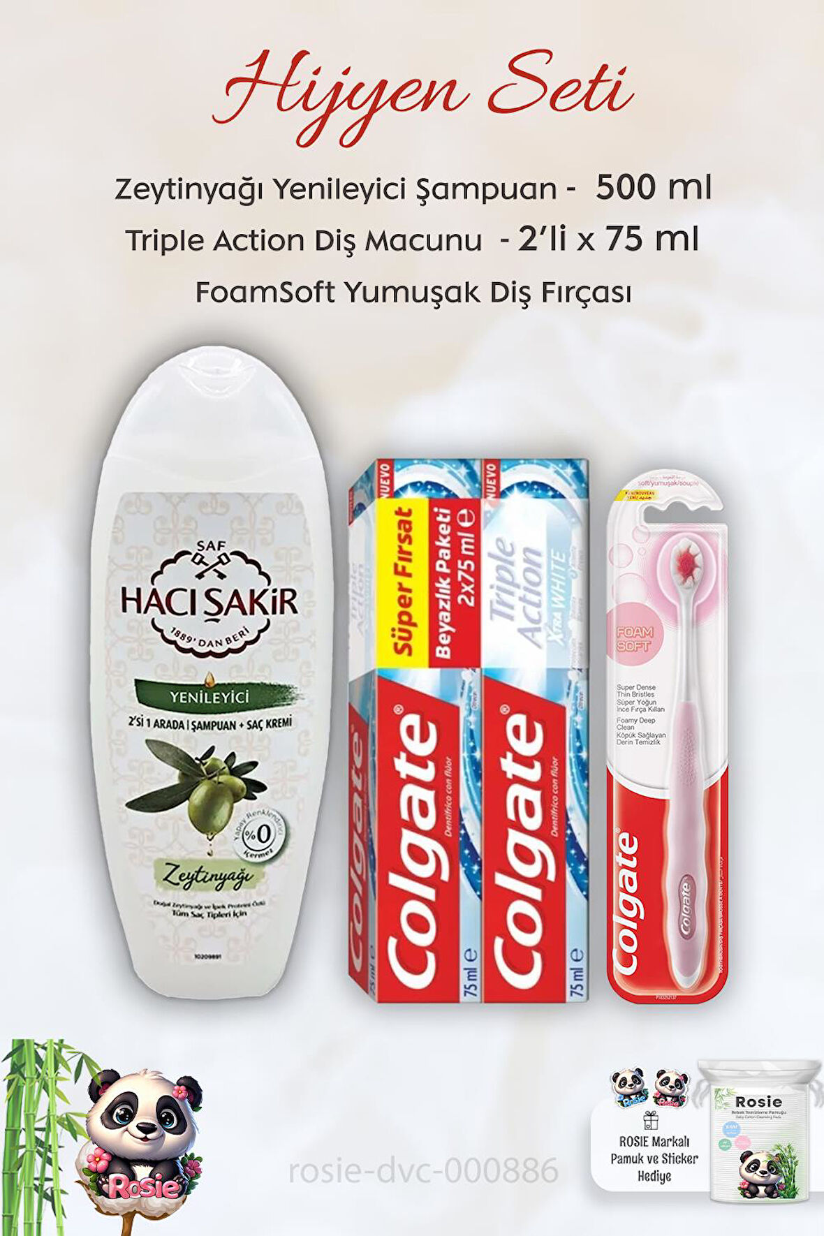 Colgate  Extra White Diş Macunu 2 x 75 ml,  FoamSoft Diş Fırçası, H. Şakir Zeytinyağlı Şampuan 500 ml