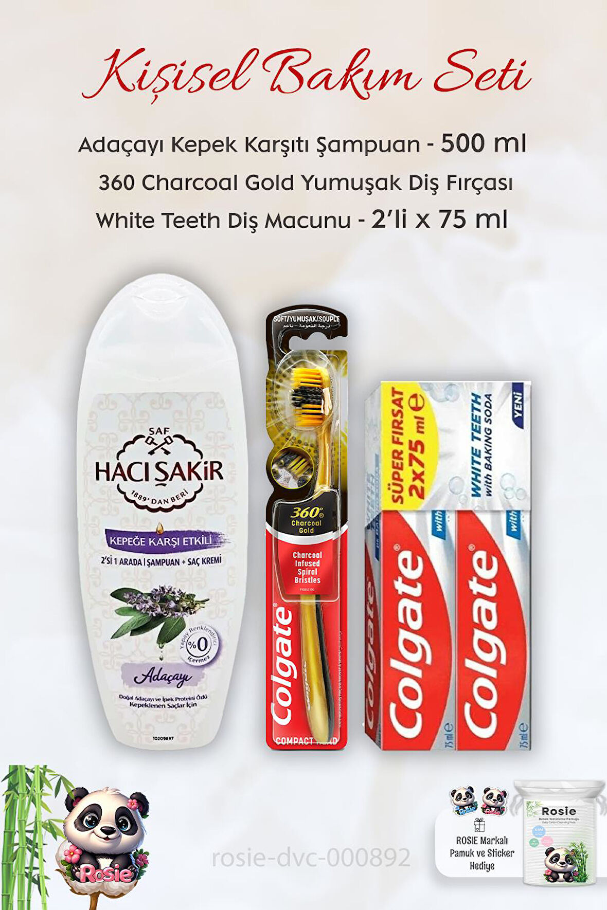 Colgate With Baking Soda 2'li 75 ml, 360 Charcoal Gold Diş Fırçası, H.Şakir Adaçayı Şampuan 500 ml