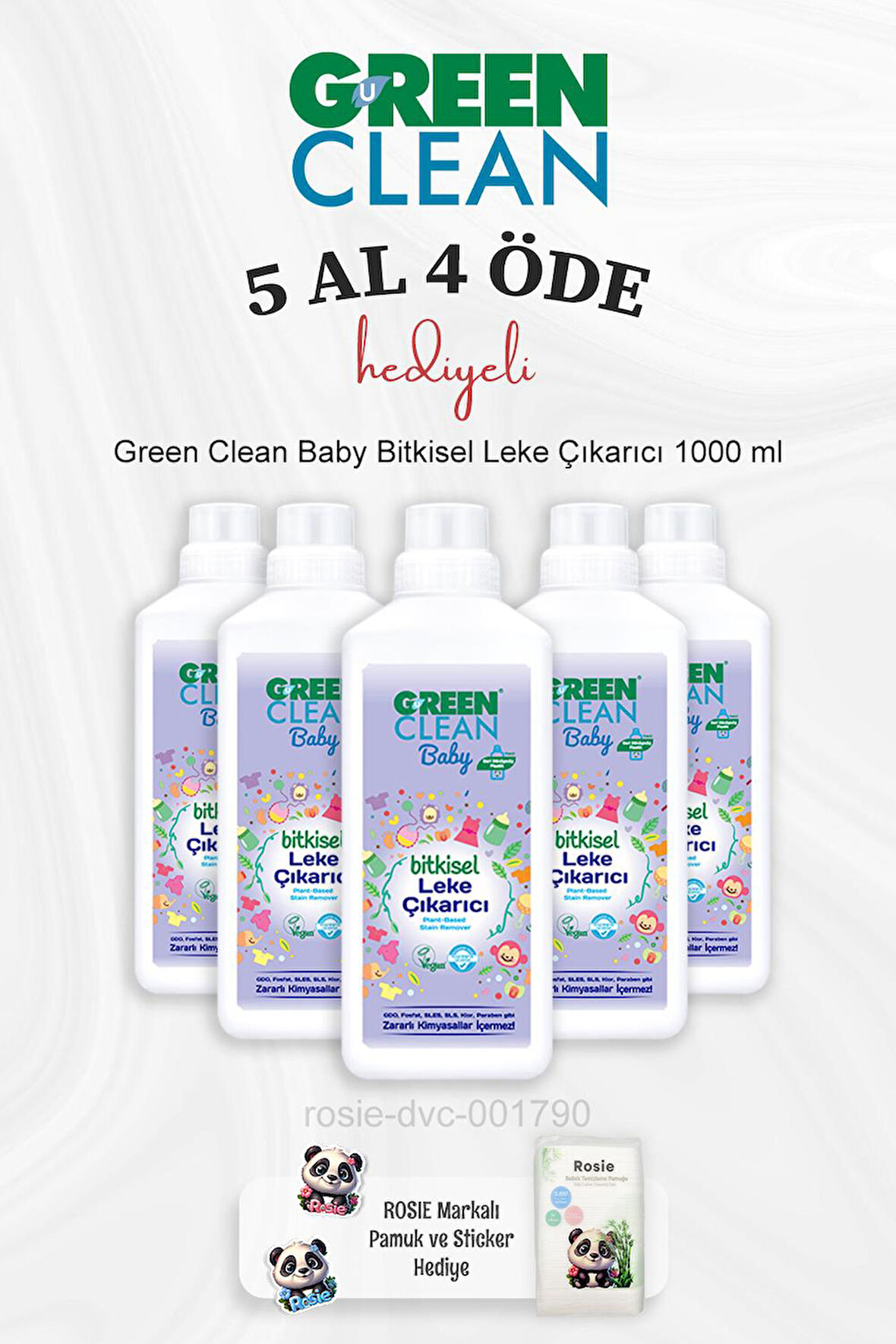 Green Clean Bebek Bitkisel Leke Çıkarıcı 1000 ml 5 Al 4 Öde ve Rosie Pamuk