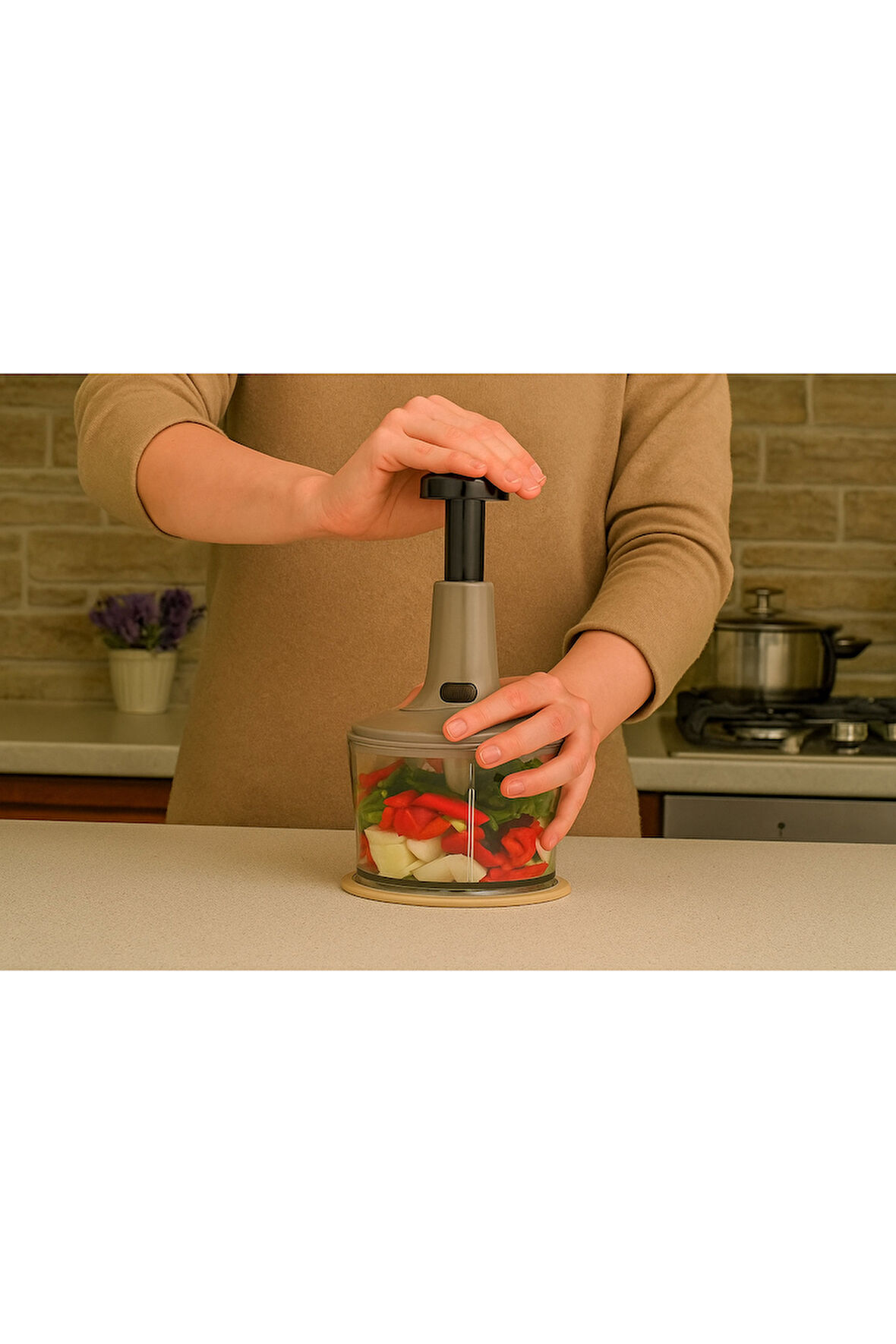 El Rondosu 3 Bıçaklı Kilitli Doğrayıcı – Sebze Meyve Doğrama Aparatı Füme Rengi