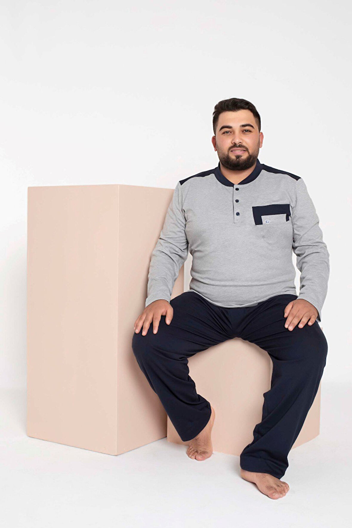 Erkek Büyük Beden 3 Düğmeli %100 Pamuk Cepli Mevsimlik Pijama Takımı