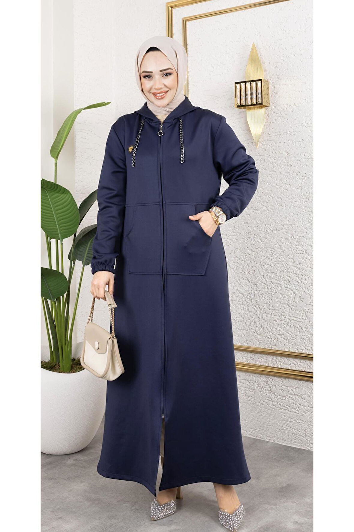 Kadın Cepli Kapüşonlu Zincir Detaylı Scuba Kumaş Kap