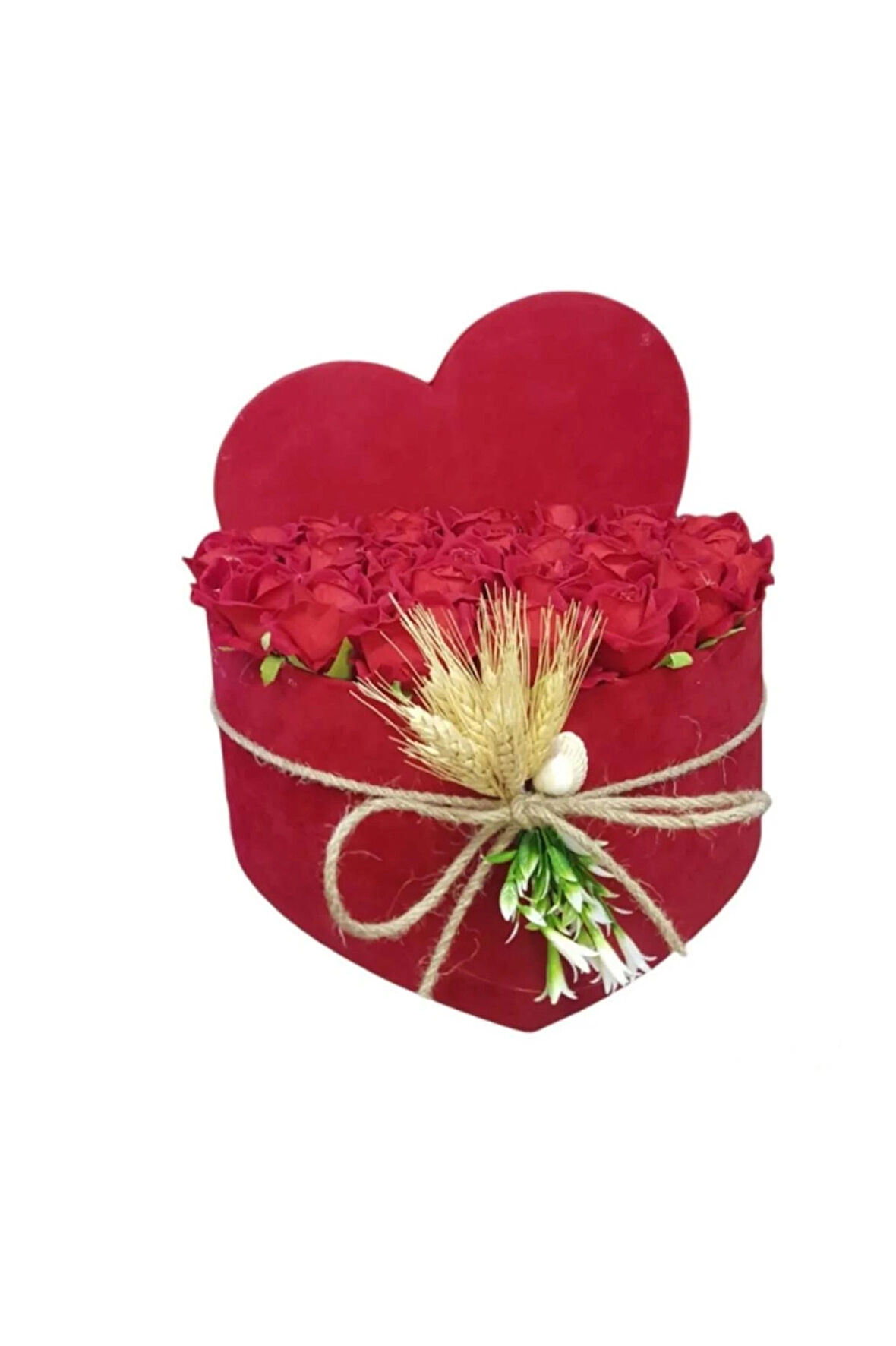 Kırmızı Kadife Kalpli Kutuda Gerçek Görünümlü Yapay Kadife Güller