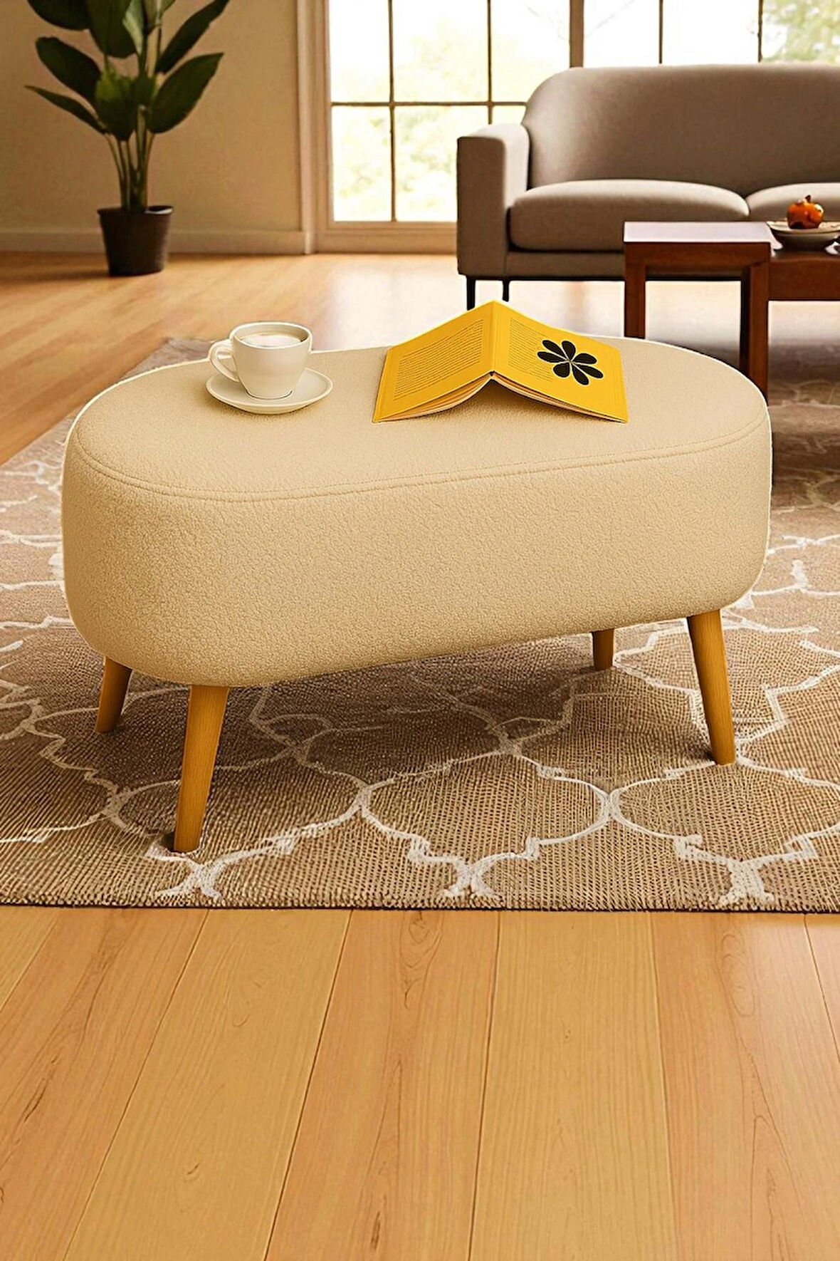  Rustika Teddy Kumaş Puf Bench Koltuk Tabure 34 x 90 x 42 cm Ahşap Ayak Metal Bağlantı