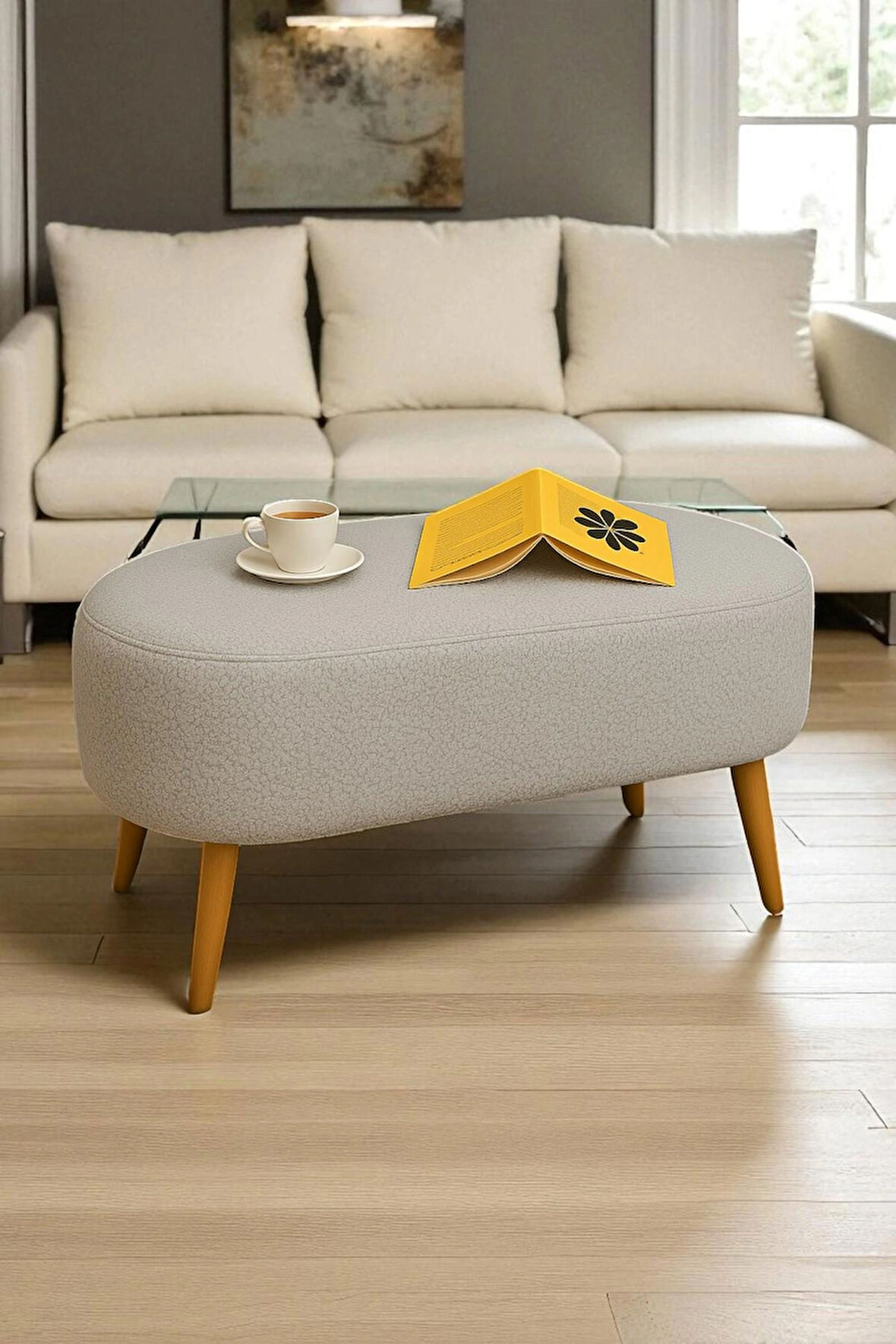  Rustika Teddy Kumaş Puf Bench Koltuk Tabure 34 x 90 x 42 cm Ahşap Ayak Metal Bağlantı