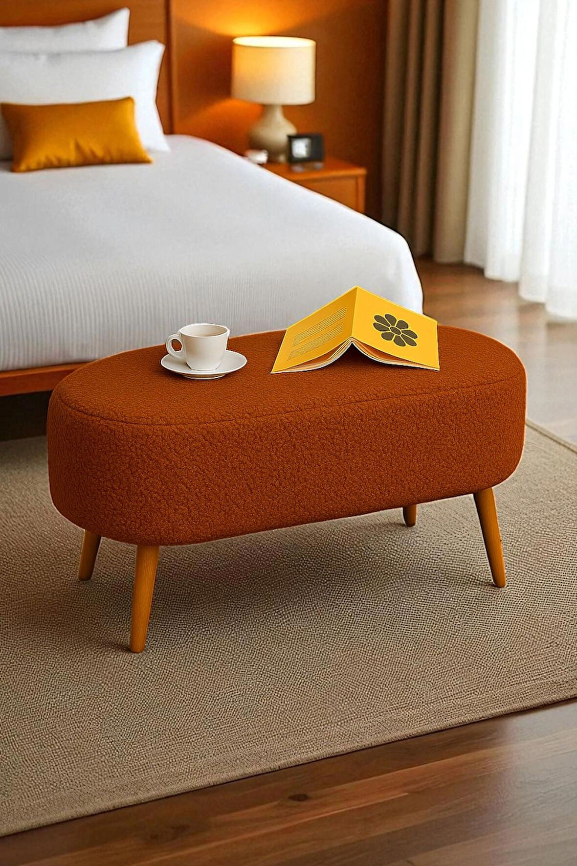  Rustika Teddy Kumaş Puf Bench Koltuk Tabure 34 x 90 x 42 cm Ahşap Ayak Metal Bağlantı