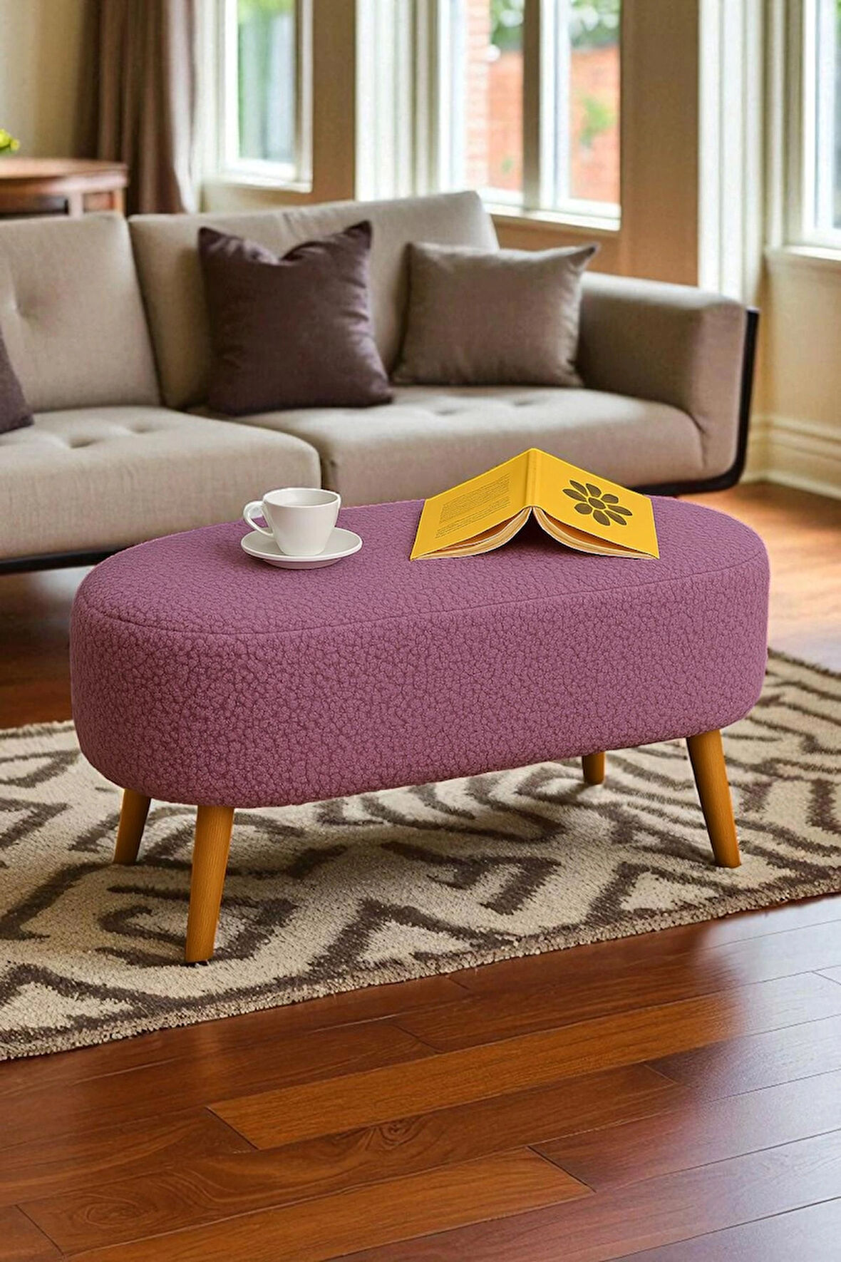  Rustika Teddy Kumaş Puf Bench Koltuk Tabure 34 x 90 x 42 cm Ahşap Ayak Metal Bağlantı