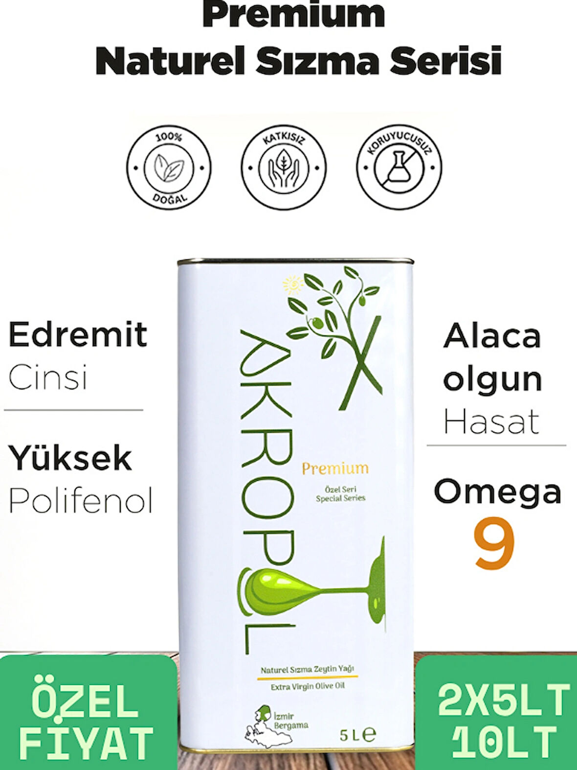Natürel Sızma Zeytinyağı- Soğuk Sıkım Zeytinyağı-Alaca Hasat-Düşük Asit-Polifenollü  - 5 x 2 =10litre